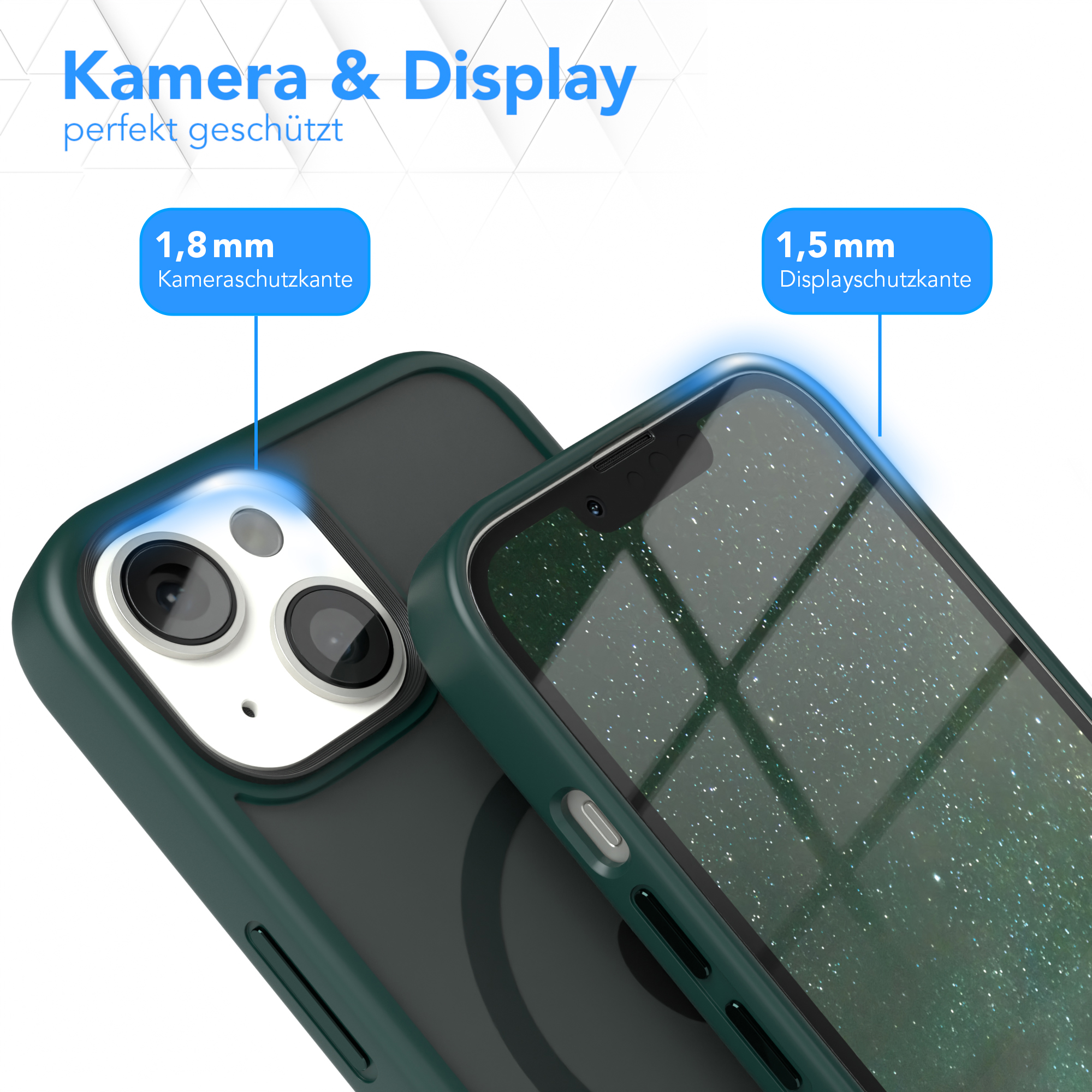 Handyhülle schützt Kamera und Display eines Telefons. Grüne und schwarze Hülle.