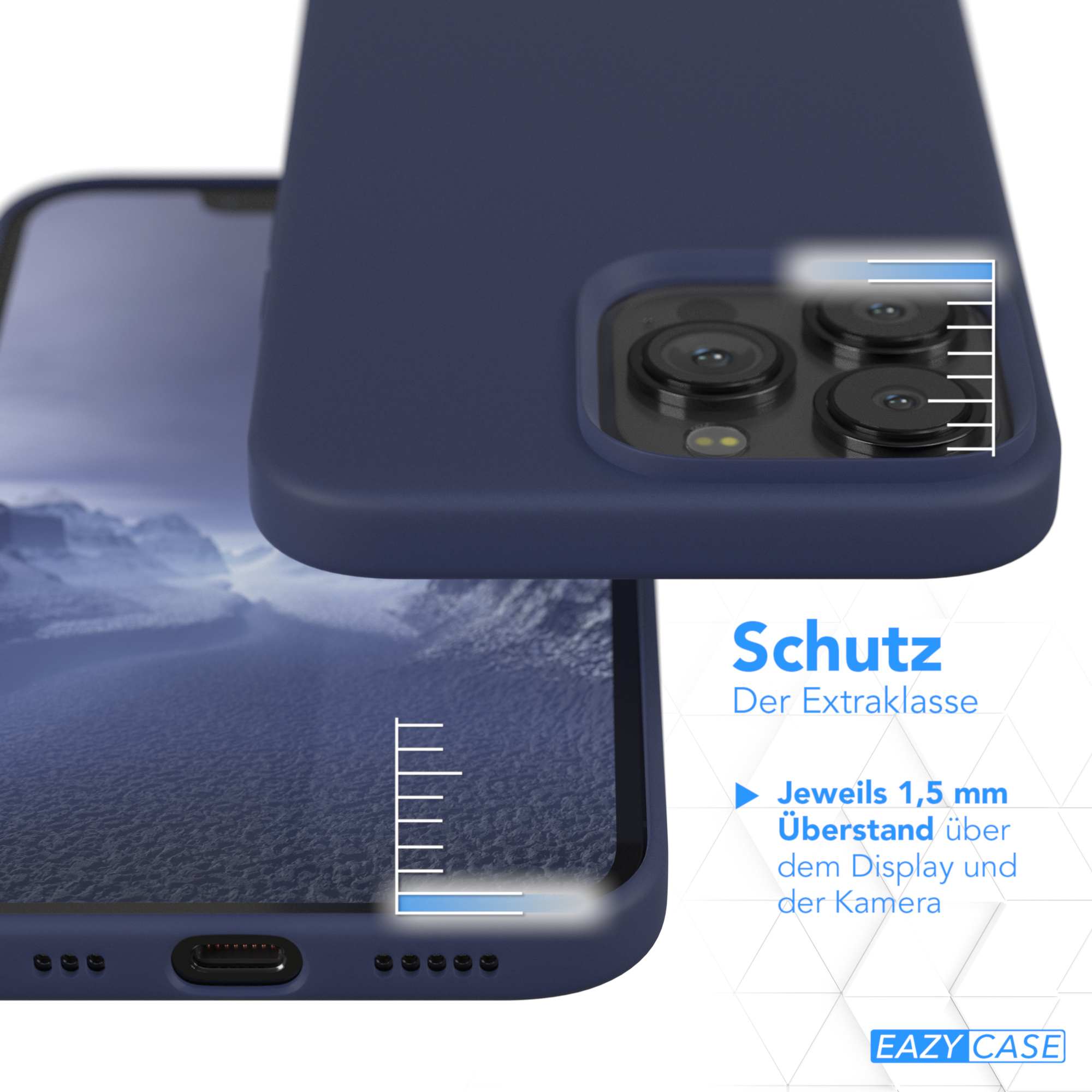Dunkelblaue Handyhülle mit einem Handy, das einen dunkelblauen Hintergrund zeigt. Text weist auf zusätzlichen Schutz hin.