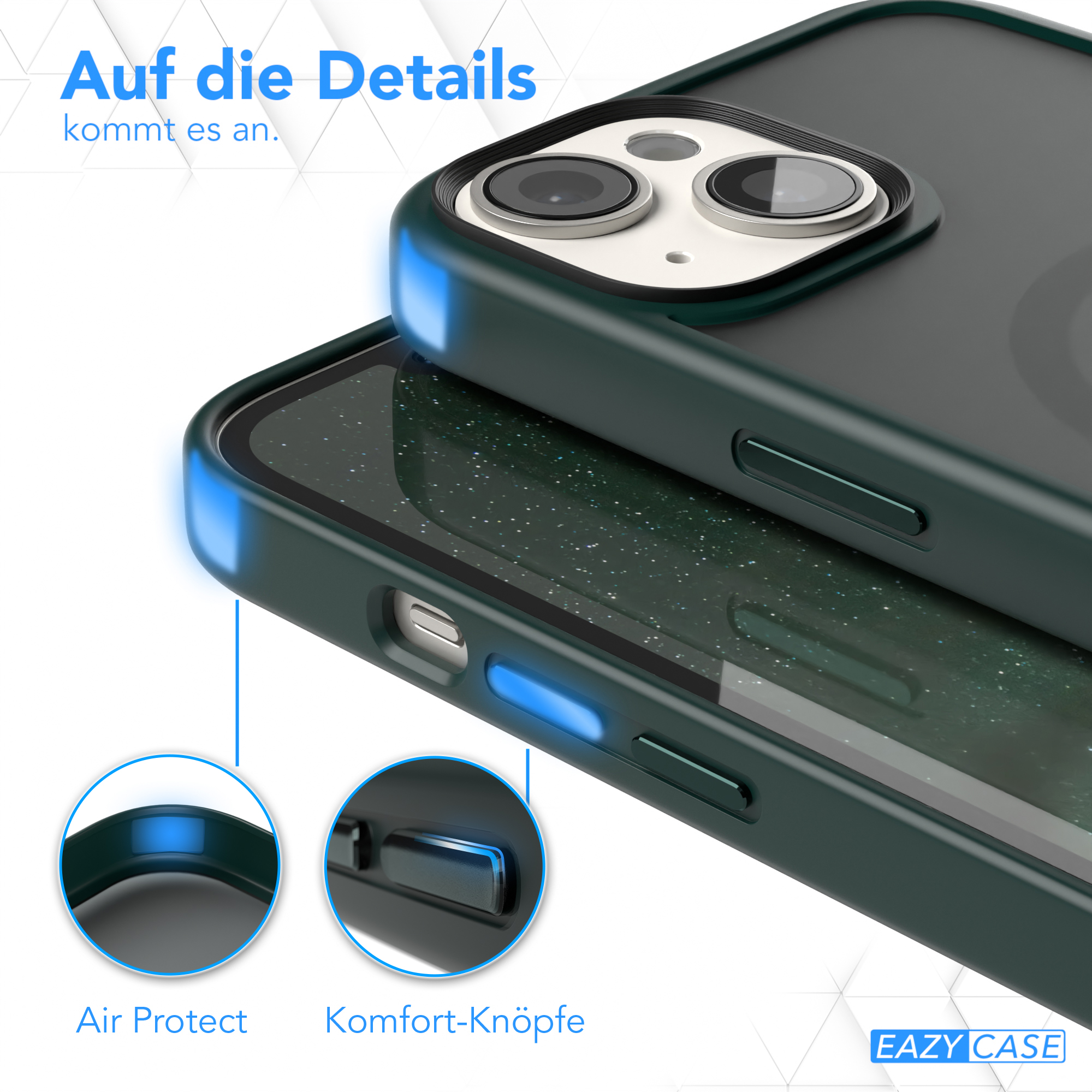 Ein weißer Projektor mit schwarzem Objektiv und blauem Licht oben. Text: ULTIMEA.