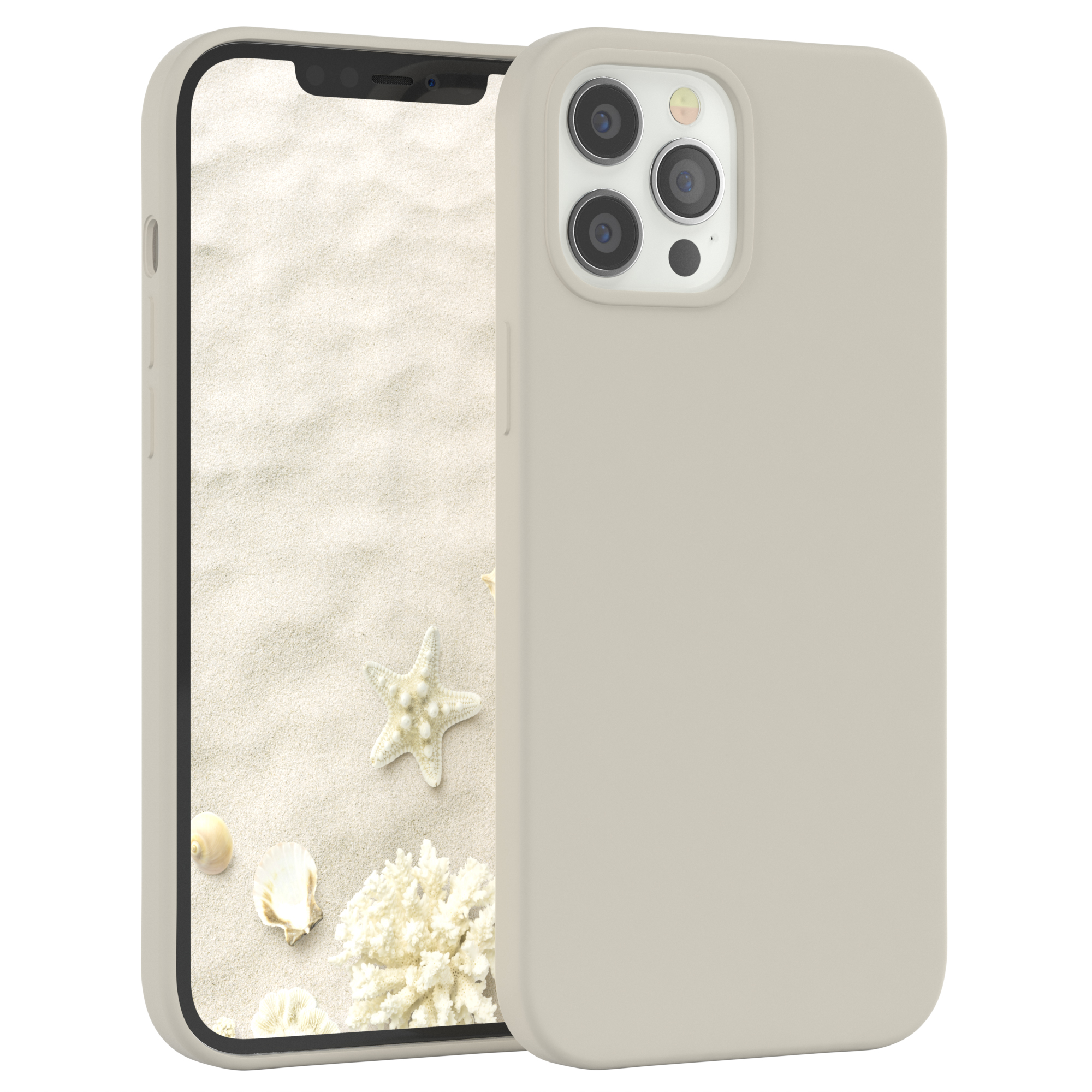 Telefon mit beigefarbener Hülle. Der Bildschirm zeigt eine Strandszene mit Seesternen und Muscheln.