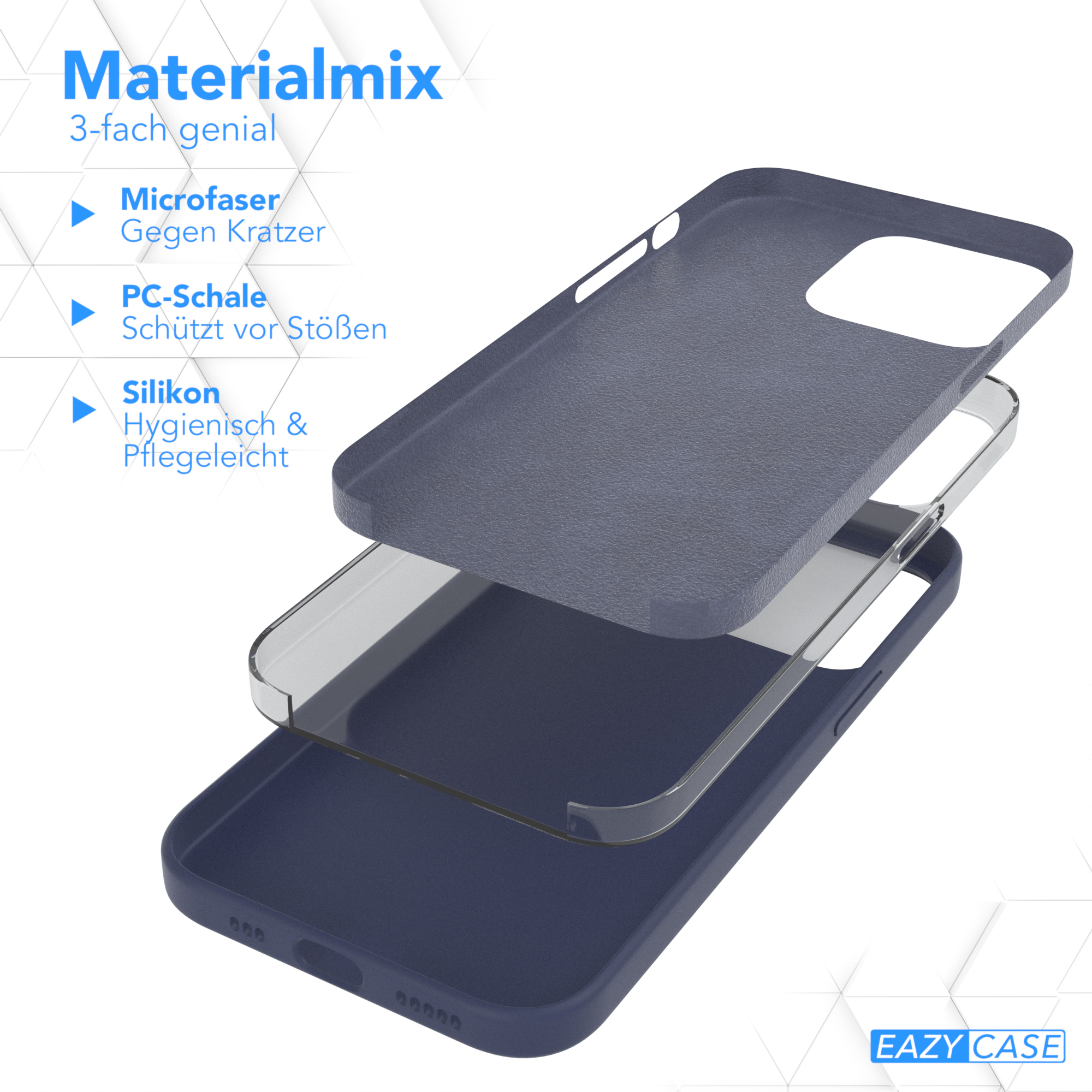 Dreischichtige Handyhülle: marineblau, transparent und marineblau. Schichten und Schutzfunktionen.