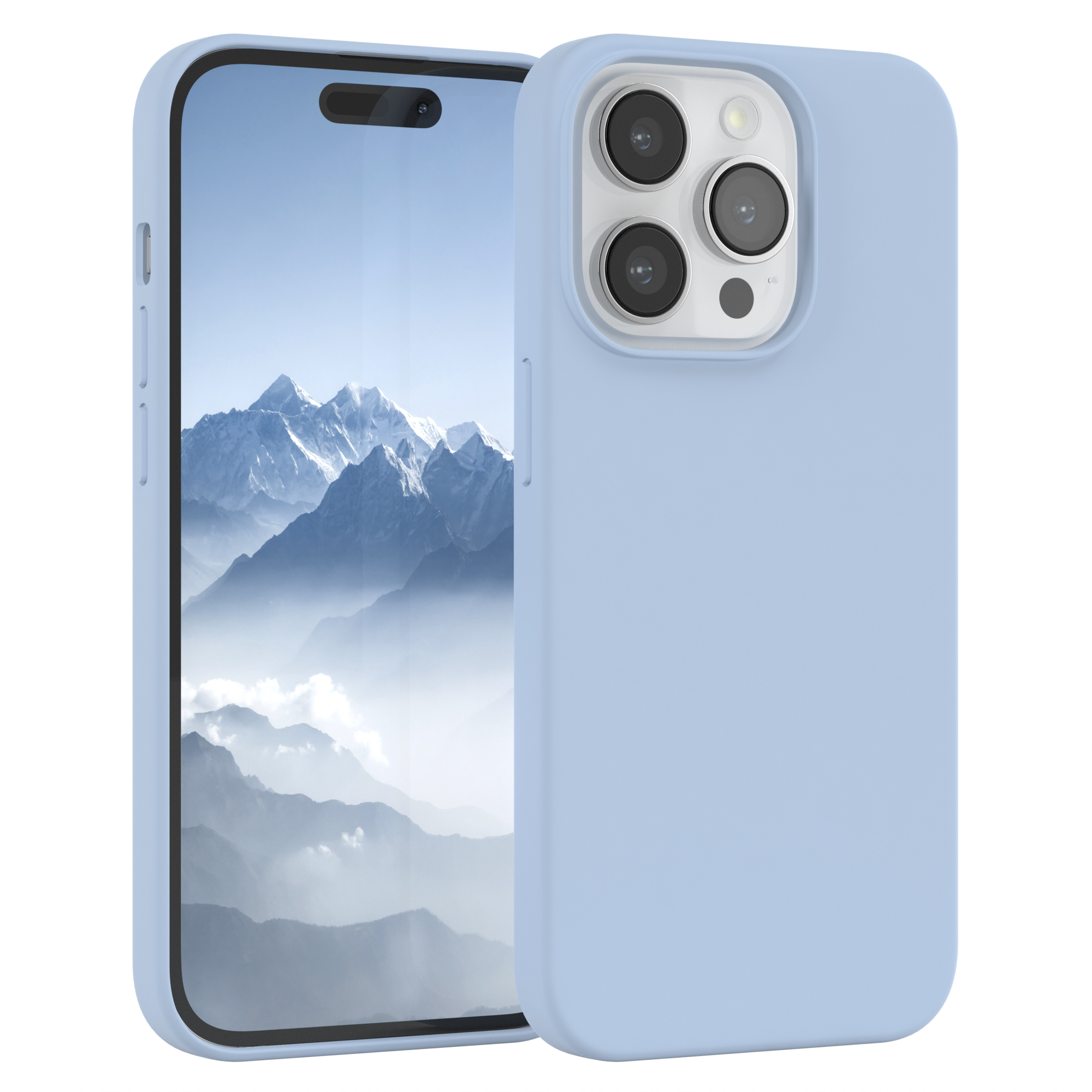 Hellblaues Telefon in hellblauer Hülle. Das Telefon zeigt Berge.