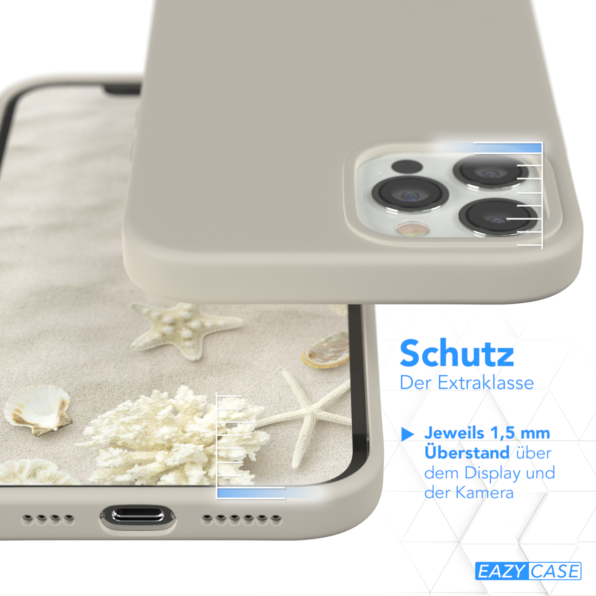Handyhülle mit hellem Farbton. Text: Schutz. Messungen für Display- und Kameraschutz gezeigt.