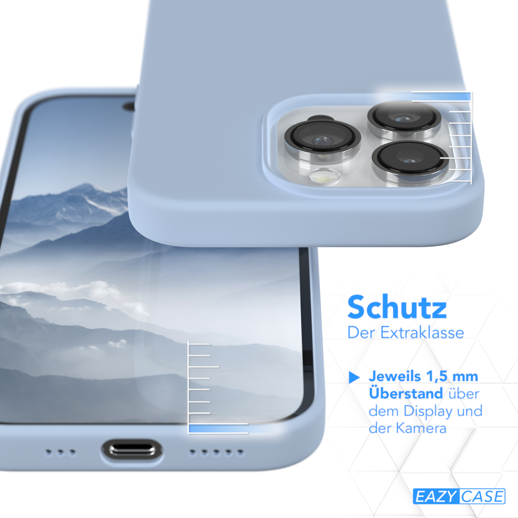 Nahaufnahme einer hellblauen Handyhülle mit einem Telefon. Die Hülle ist glatt und sauber.