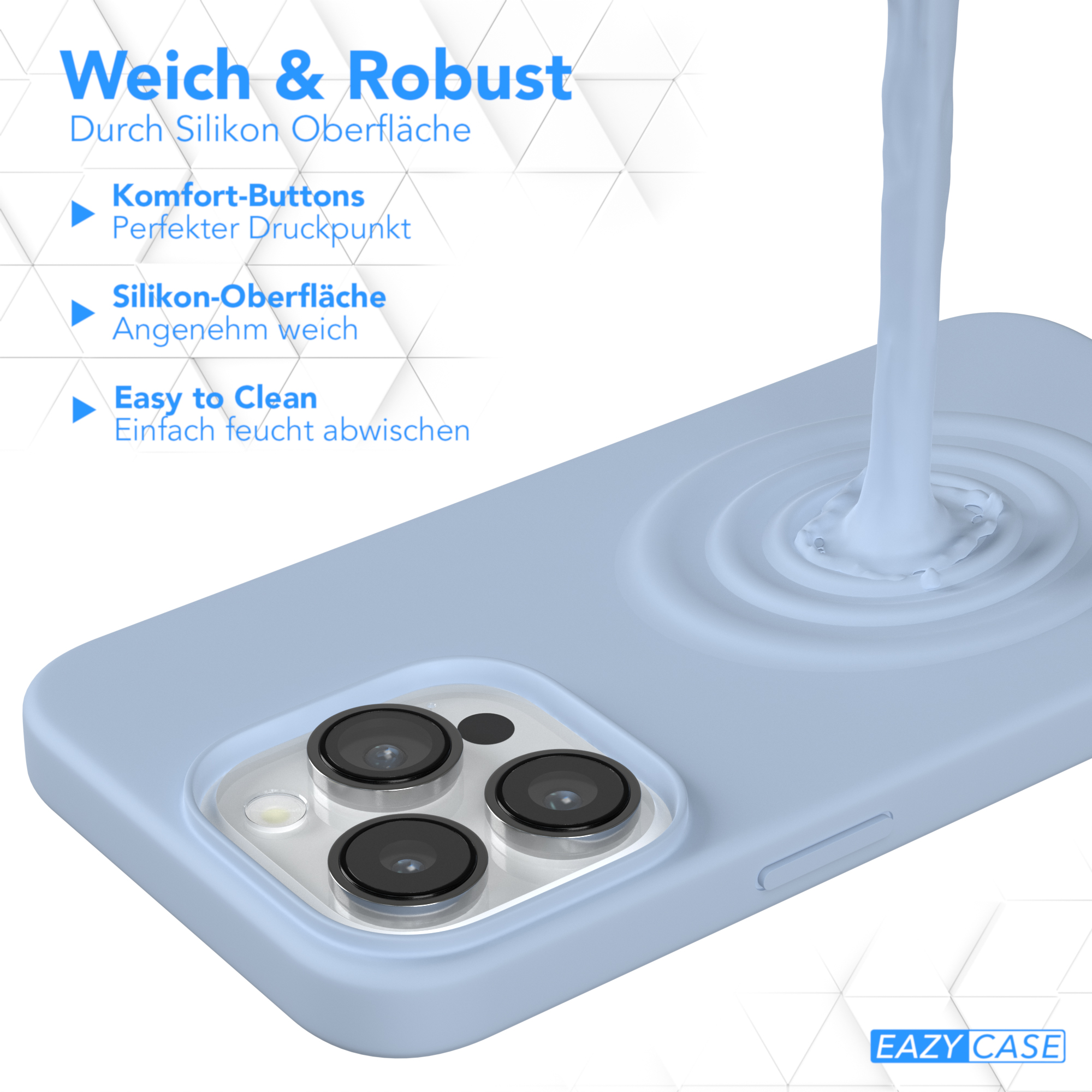 Blaues Telefoncase mit Flüssigkeit, Text: Weich & Robust.