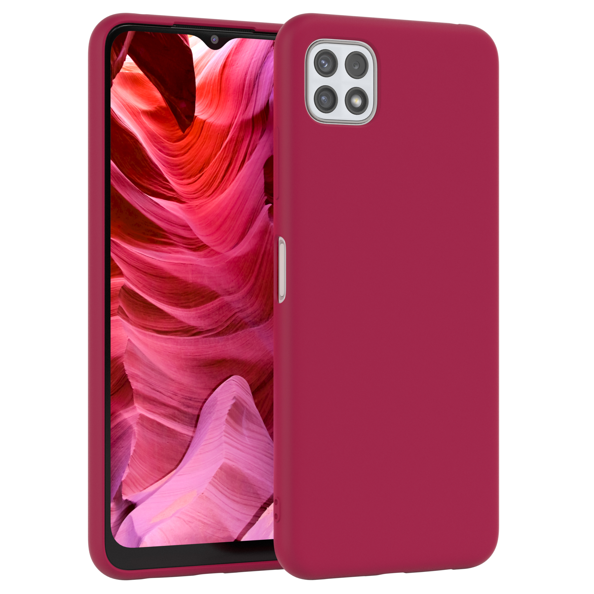 Rote Handyhülle mit Telefon. Der Bildschirm zeigt ein rotes und oranges Wirbelmuster.