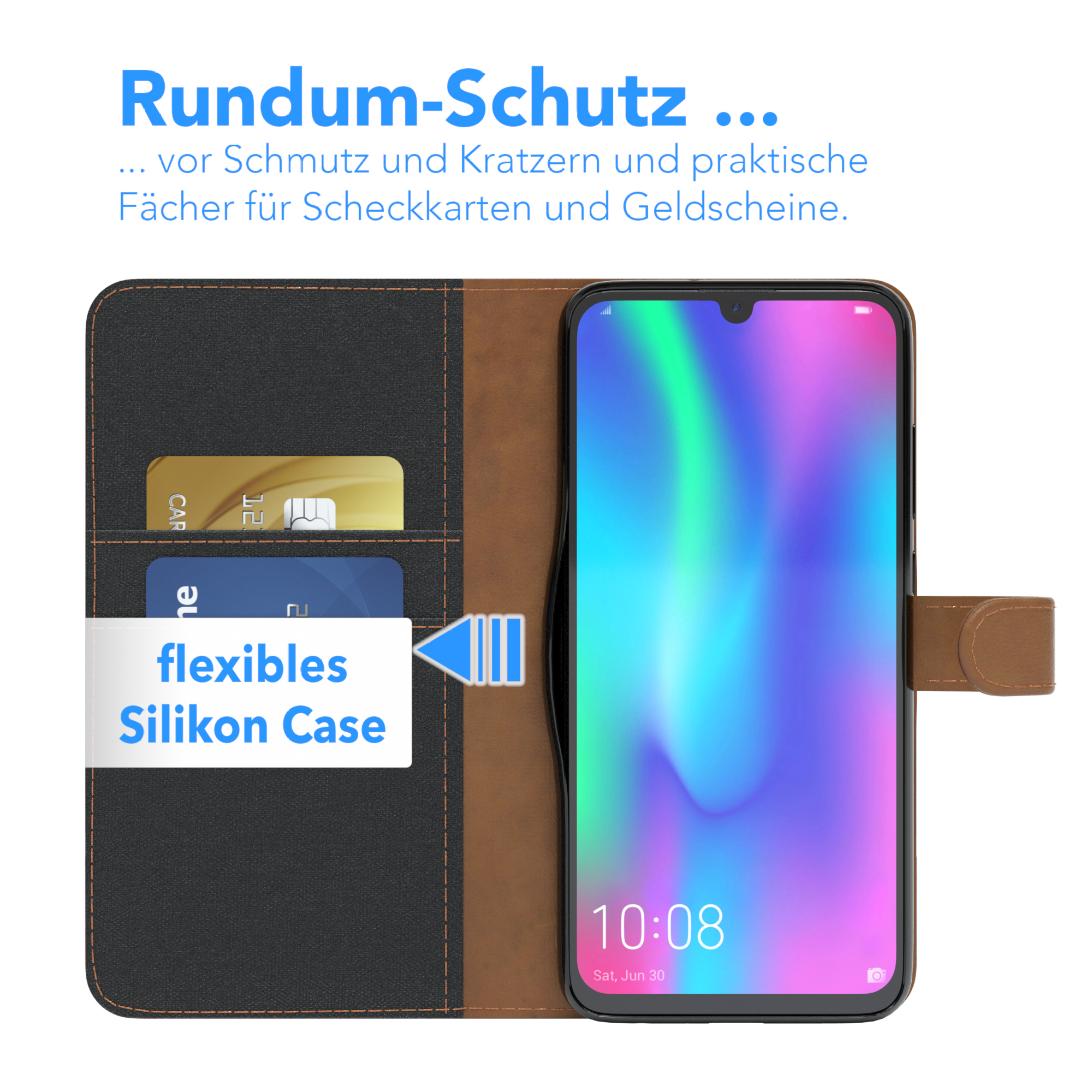 Handyhülle mit offenen Taschen für Karten und Bargeld, ein Telefon darin. Braune und schwarze Hülle.