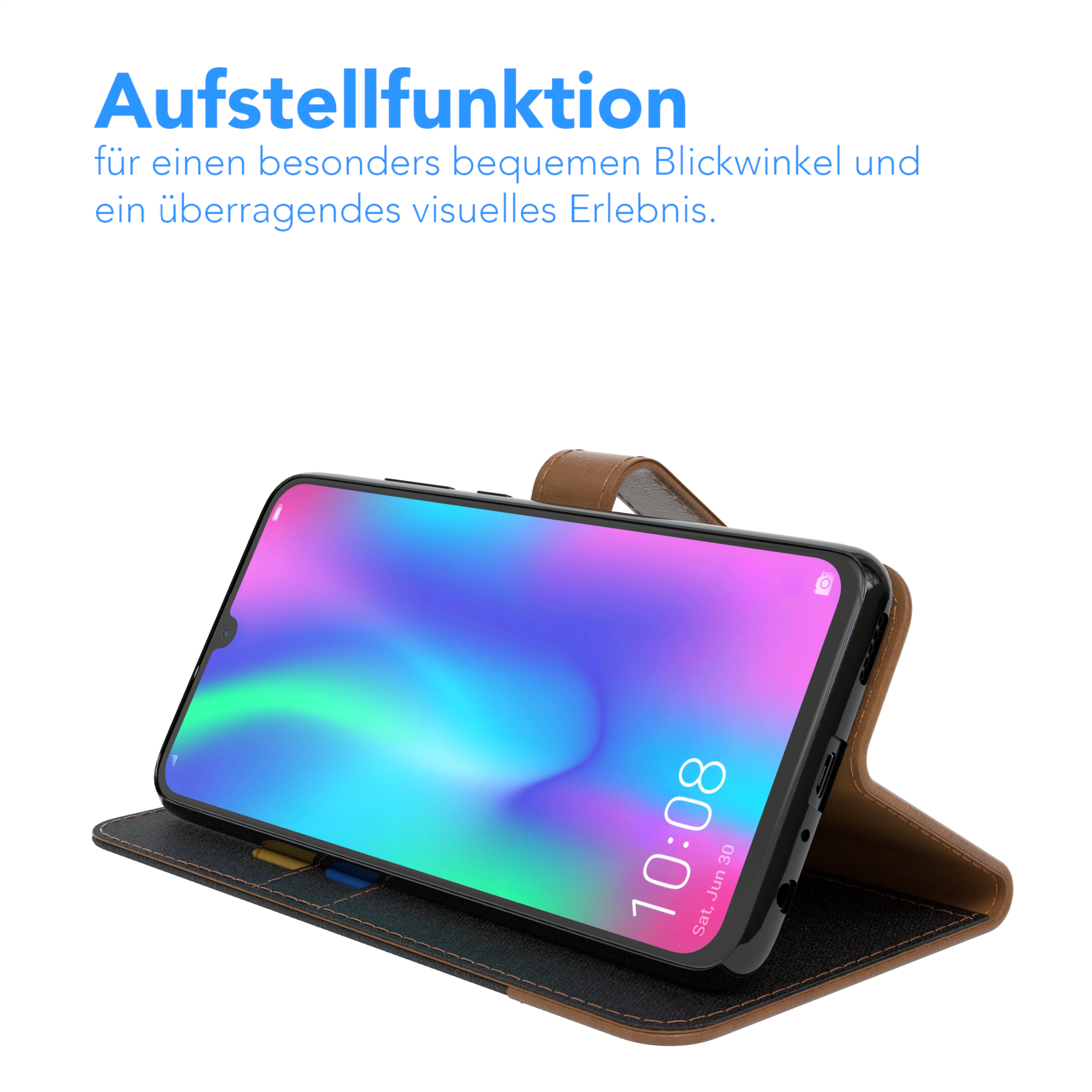 Ein Telefon in einer braunen Hülle ist aufgestellt und zeigt den Bildschirm mit der Uhrzeit, perfekter Betrachtungswinkel.