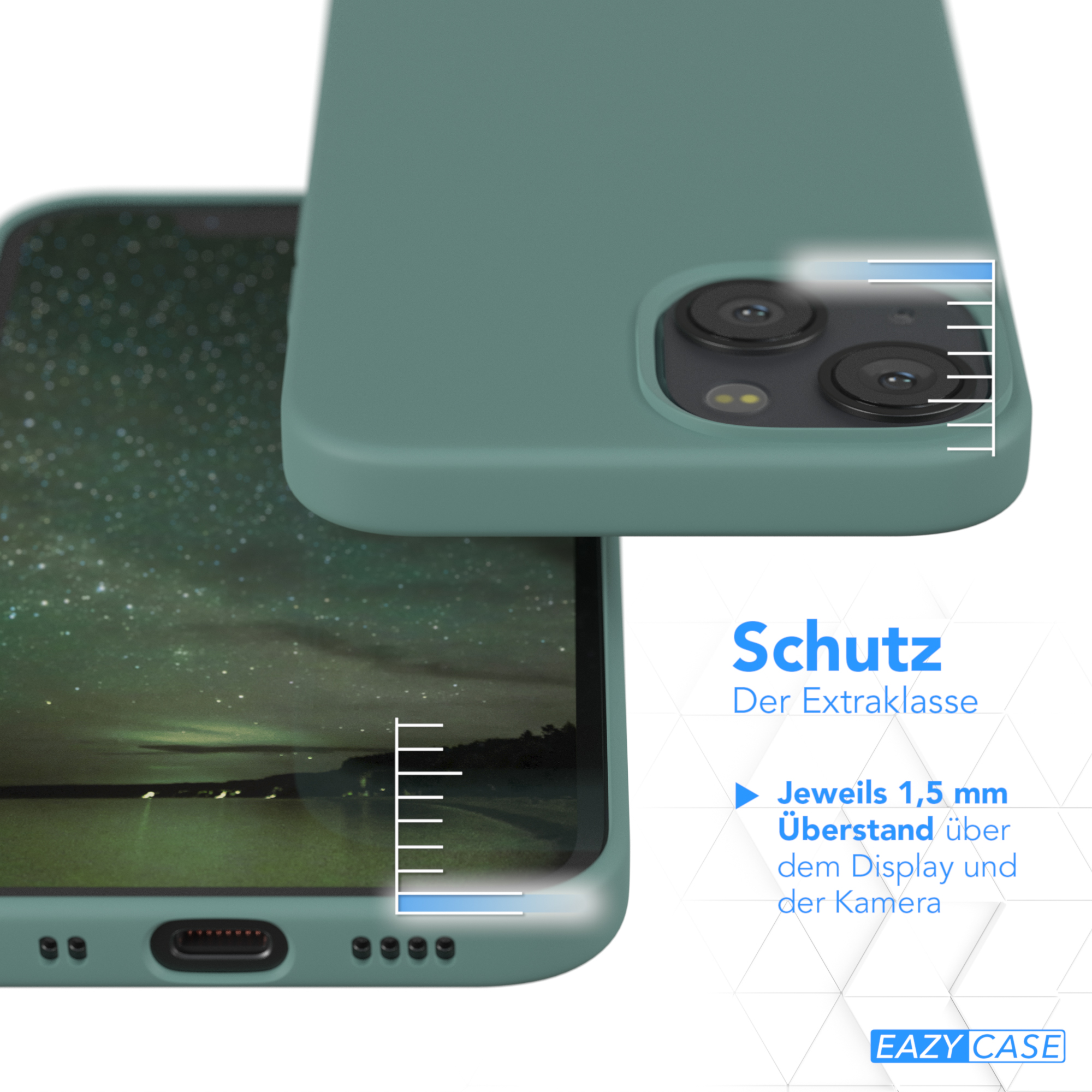 Eine türkisfarbene Handyhülle schützt ein Telefon. Das Telefon zeigt eine Landschaft.