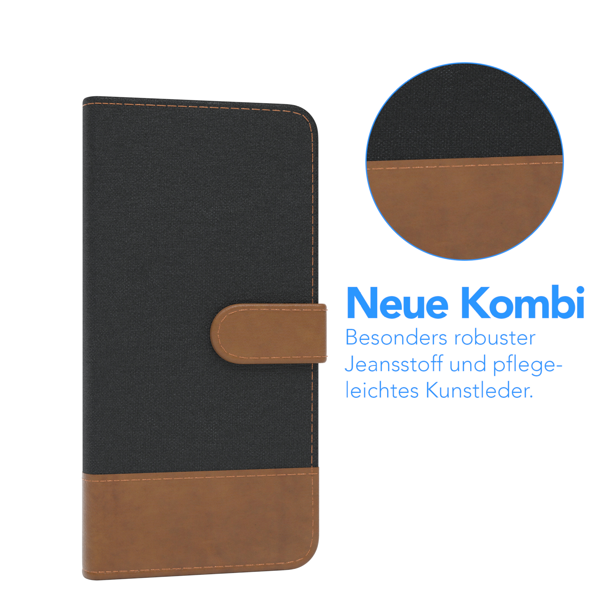 Handyhülle, schwarz und braun, mit kreisförmigem Detail.