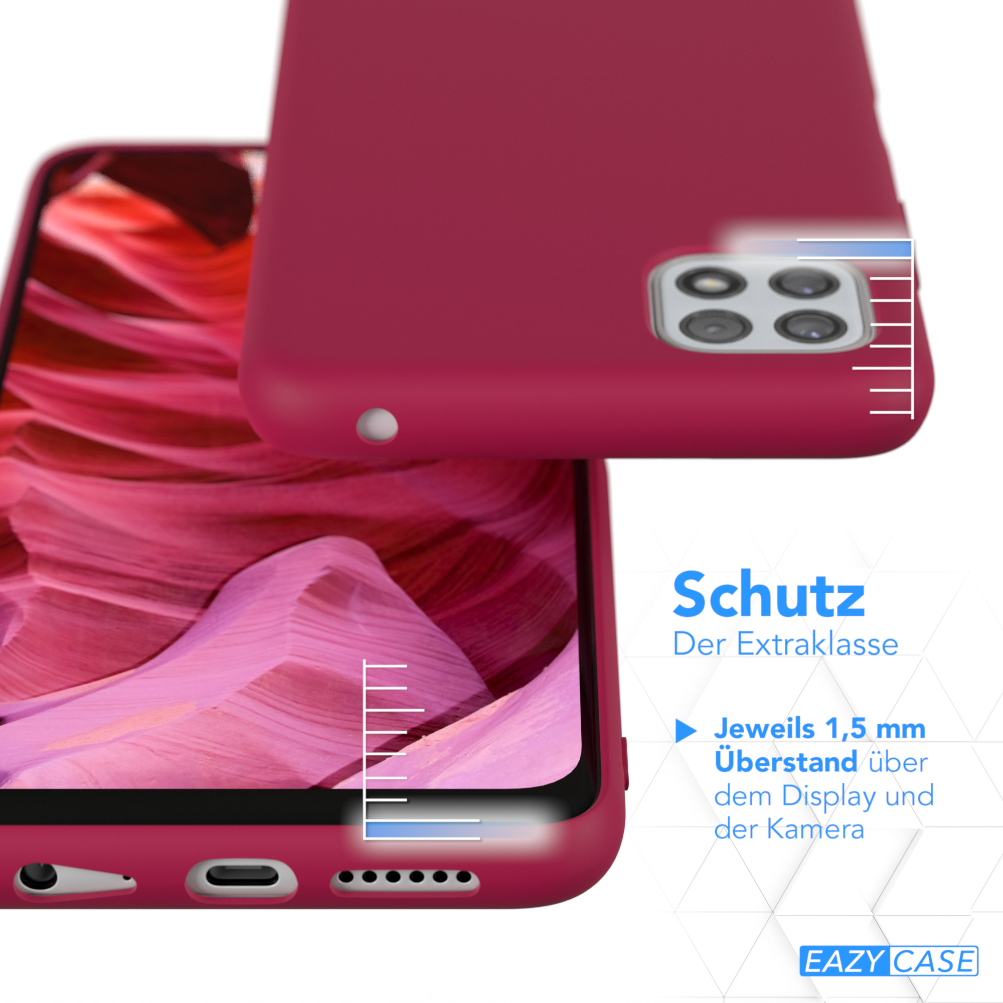 Eine bordeauxrote Handyhülle mit Text, der den Schutz für Display und Kamera angibt.