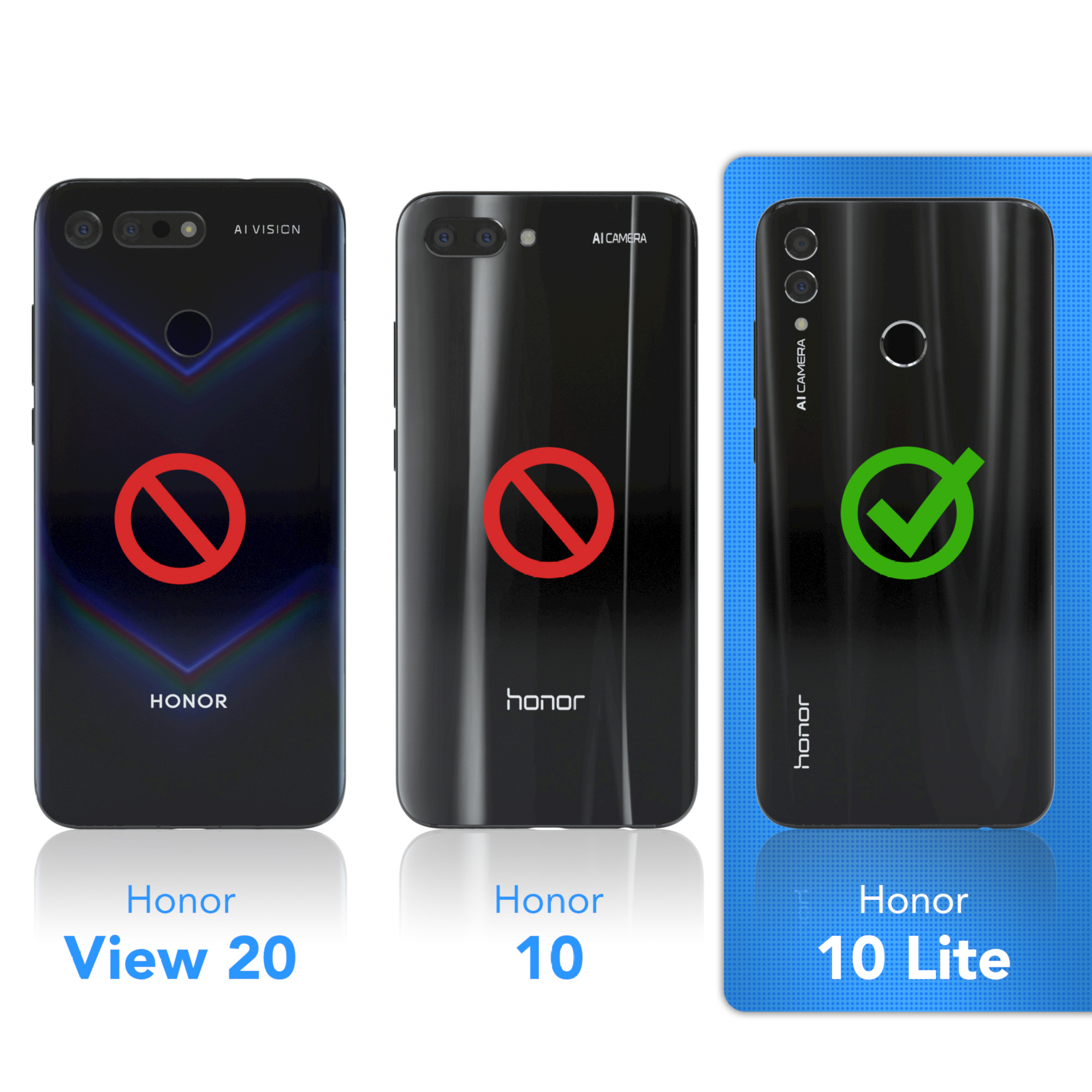 Drei Telefone. Rotes Verbotszeichen auf zwei. Grüner Haken auf einem. Modelle Honor View 20, 10, 10 Lite.