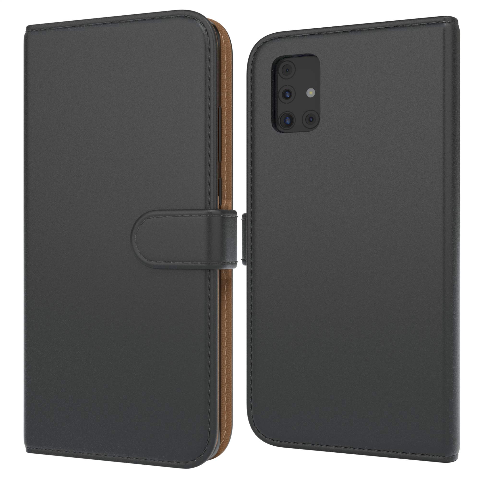 Schwarze Handyhülle, offen, mit Telefon, brauner Lederinnenraum und schwarzer Außenbereich.