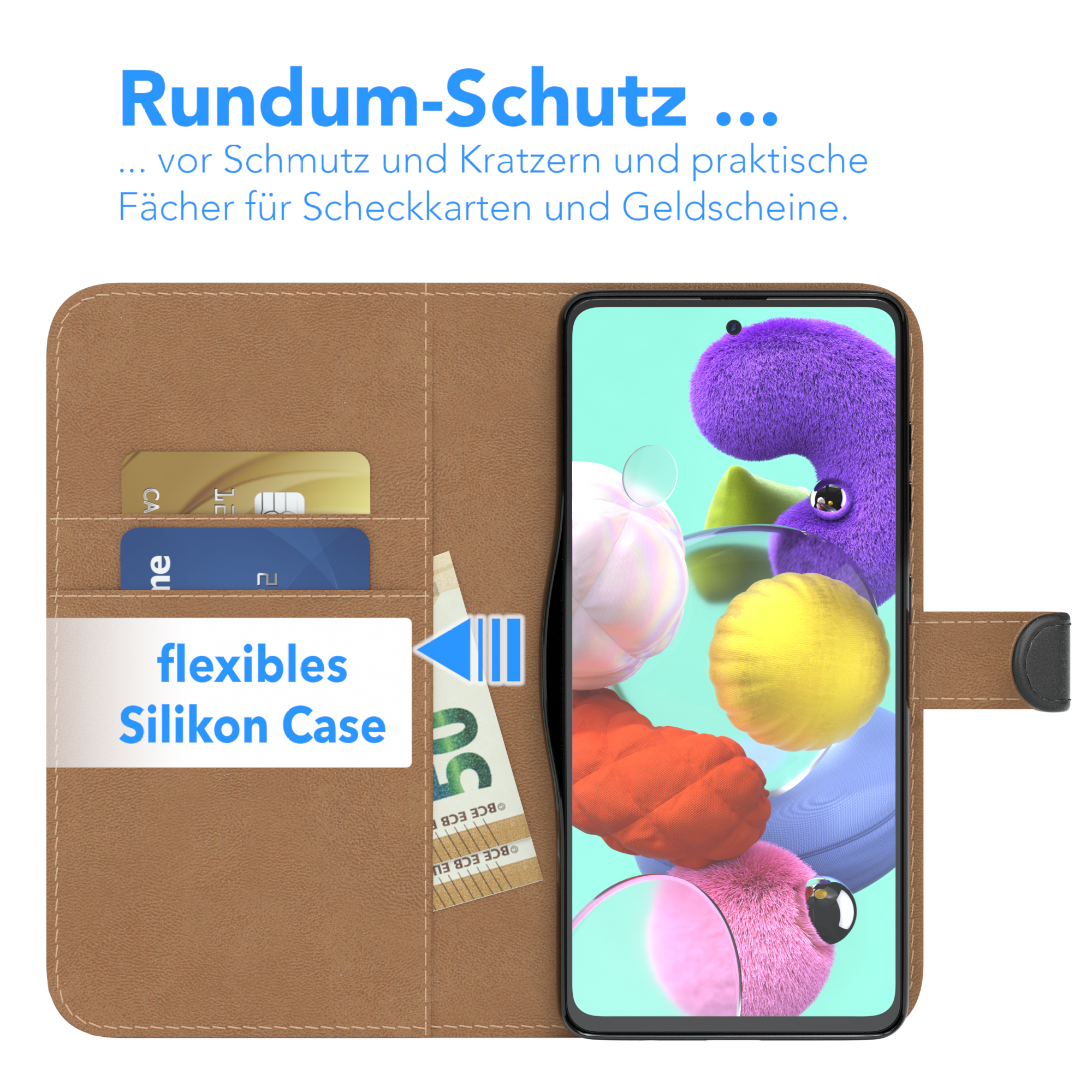 Eine Handyhülle ist geöffnet mit Karten und Geld darin. Ein Telefon befindet sich im Inneren des Gehäuses. Der Hintergrund ist braun.