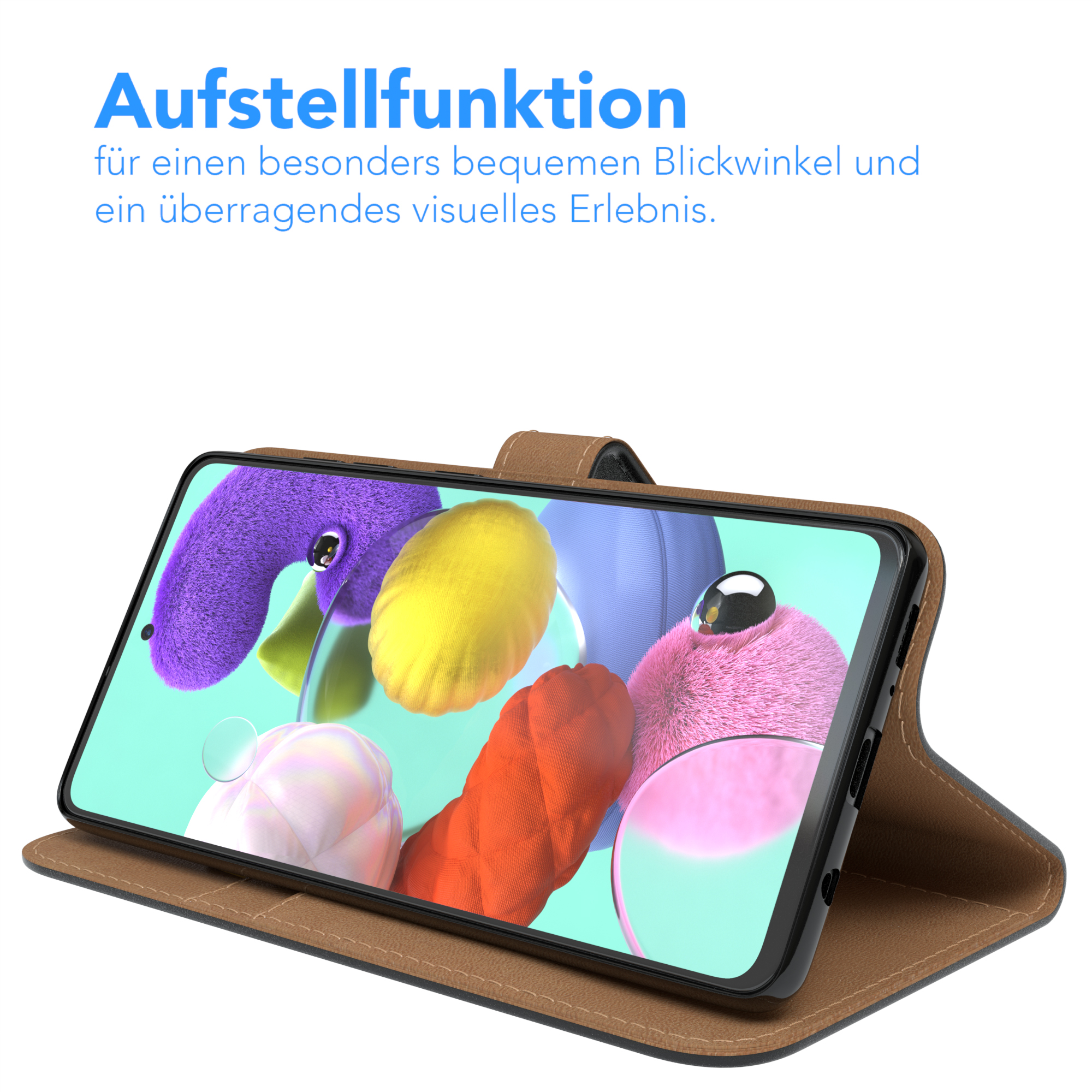Telefon in brauner Hülle auf weißem Hintergrund. Hülle ist offen und zeigt das Telefon. Text: Aufstellfunktion (Standfunktion).