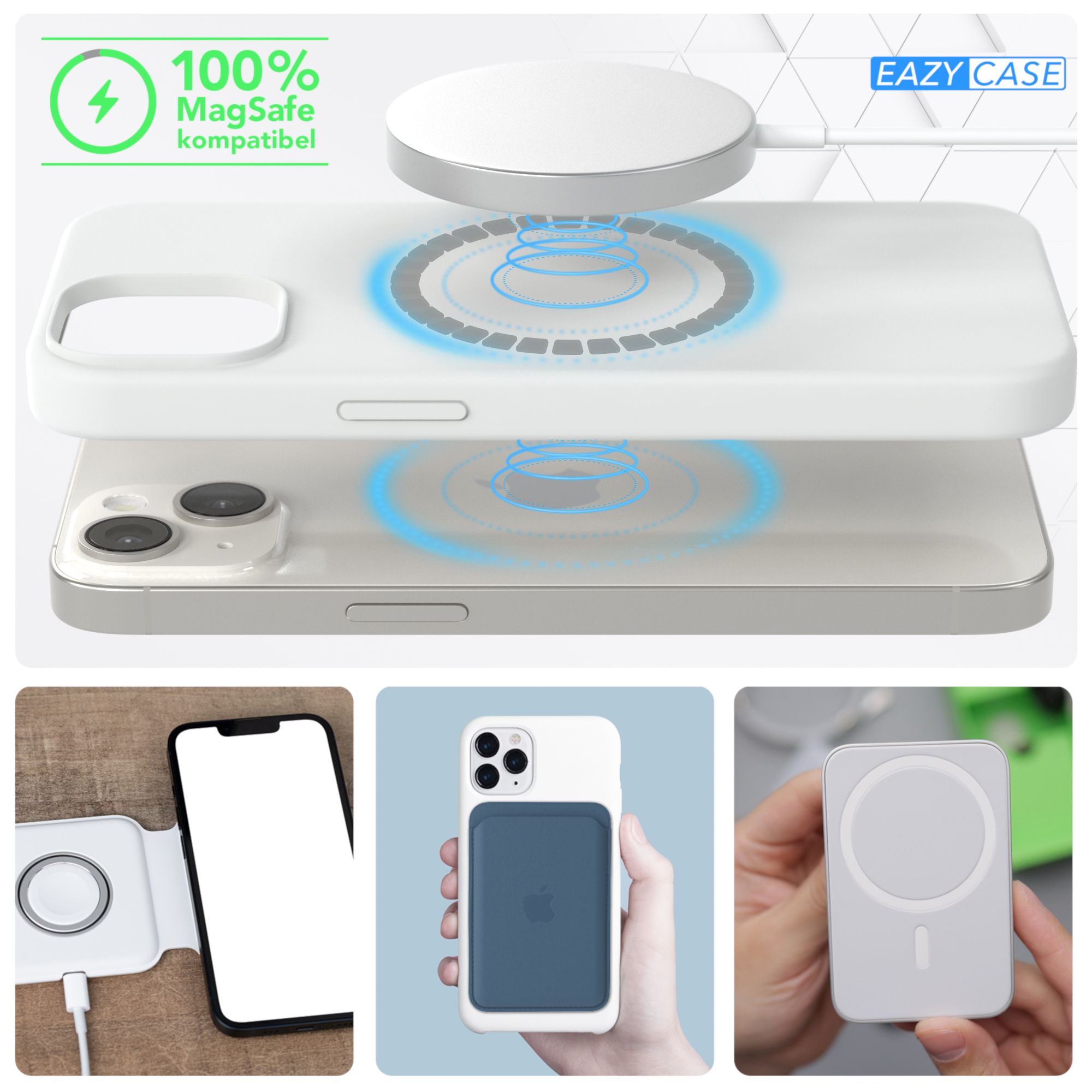 Telefon mit Ladegerät und Hülle, mit Text: 100% MagSafe-kompatibel. Mehrere Bilder.