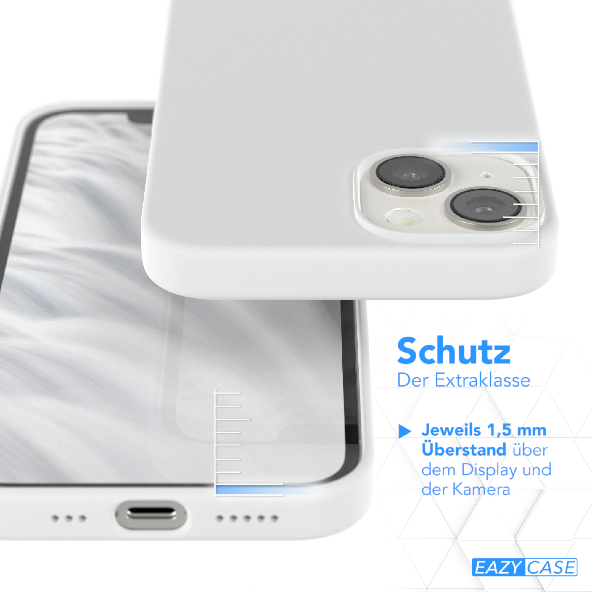 Hellgraue Handyhülle neben einem Telefon. Nahaufnahme der Telefonkamera und des Bildschirms.