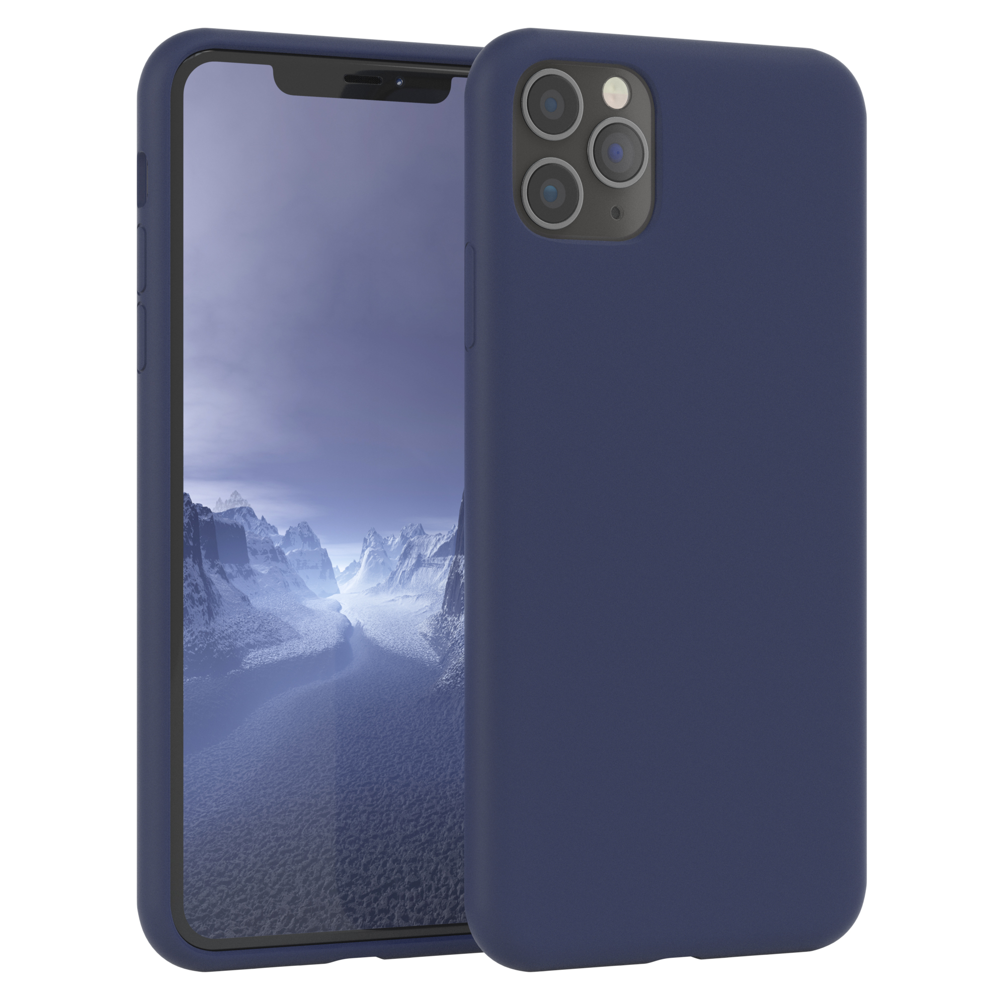 Marineblaues Telefon in einer Hülle, mit Strandhintergrund.