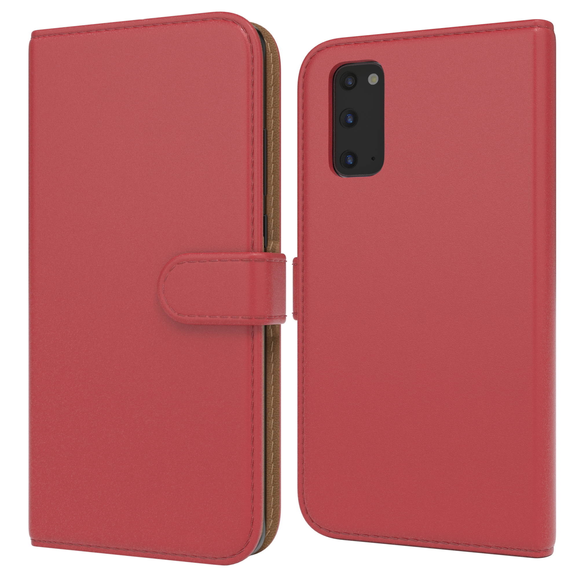 Rote Handyhülle, offen, mit einem Telefon darin. Telefon mit der Hülle auf der rechten Seite.