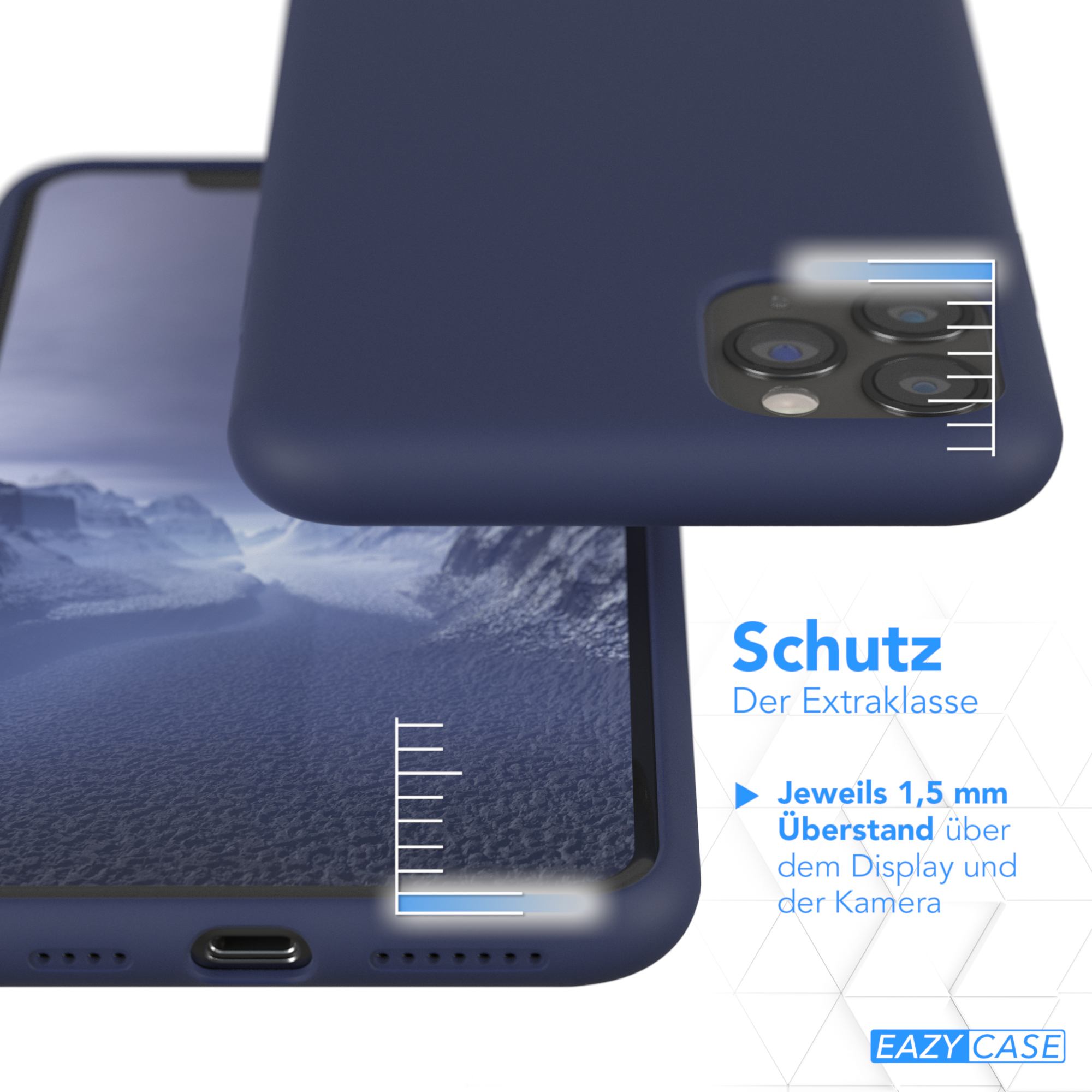 Blaue Handyhülle mit Handy. Text: 'Schutz Der Extraklasse' und Maße werden gezeigt.