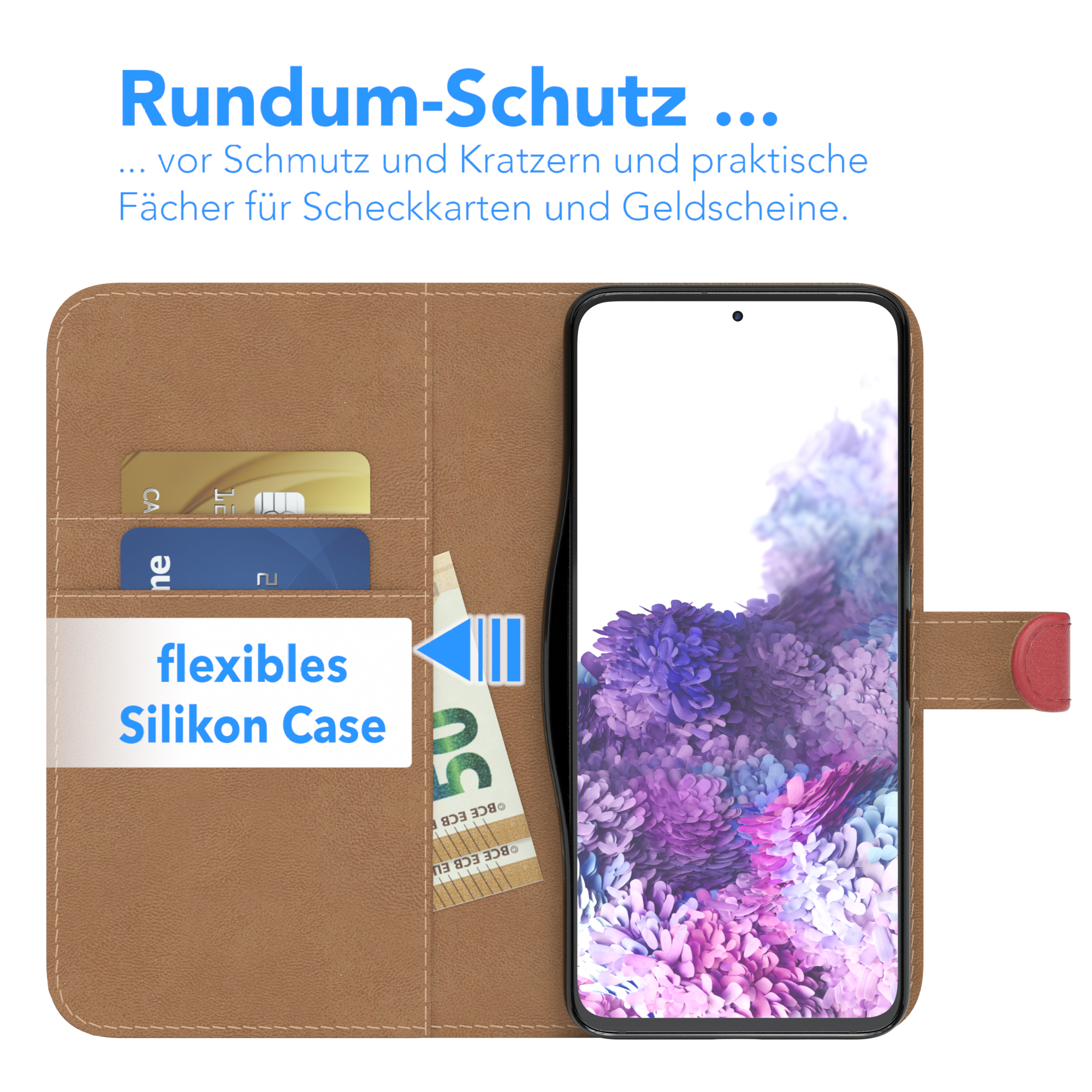 Telefon in einer braunen Hülle mit Karten und Geld in den Taschen.