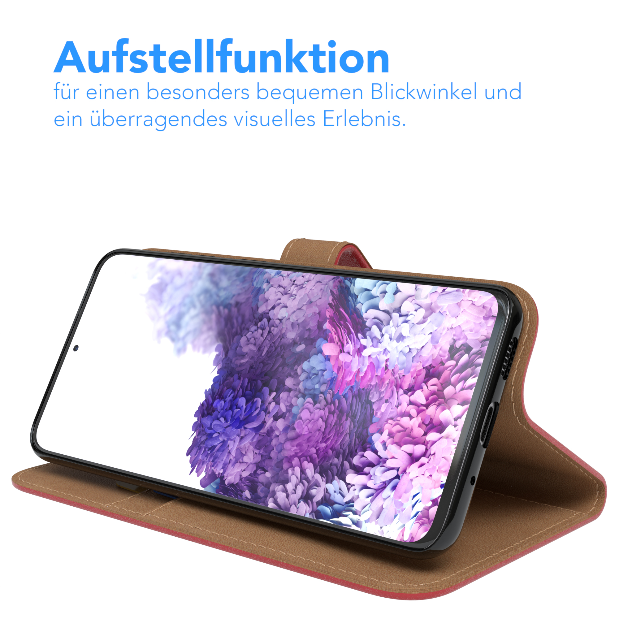 Telefon in einer Hülle, aufgestellt. Rote und braune Hülle. Telefonbildschirm sichtbar.