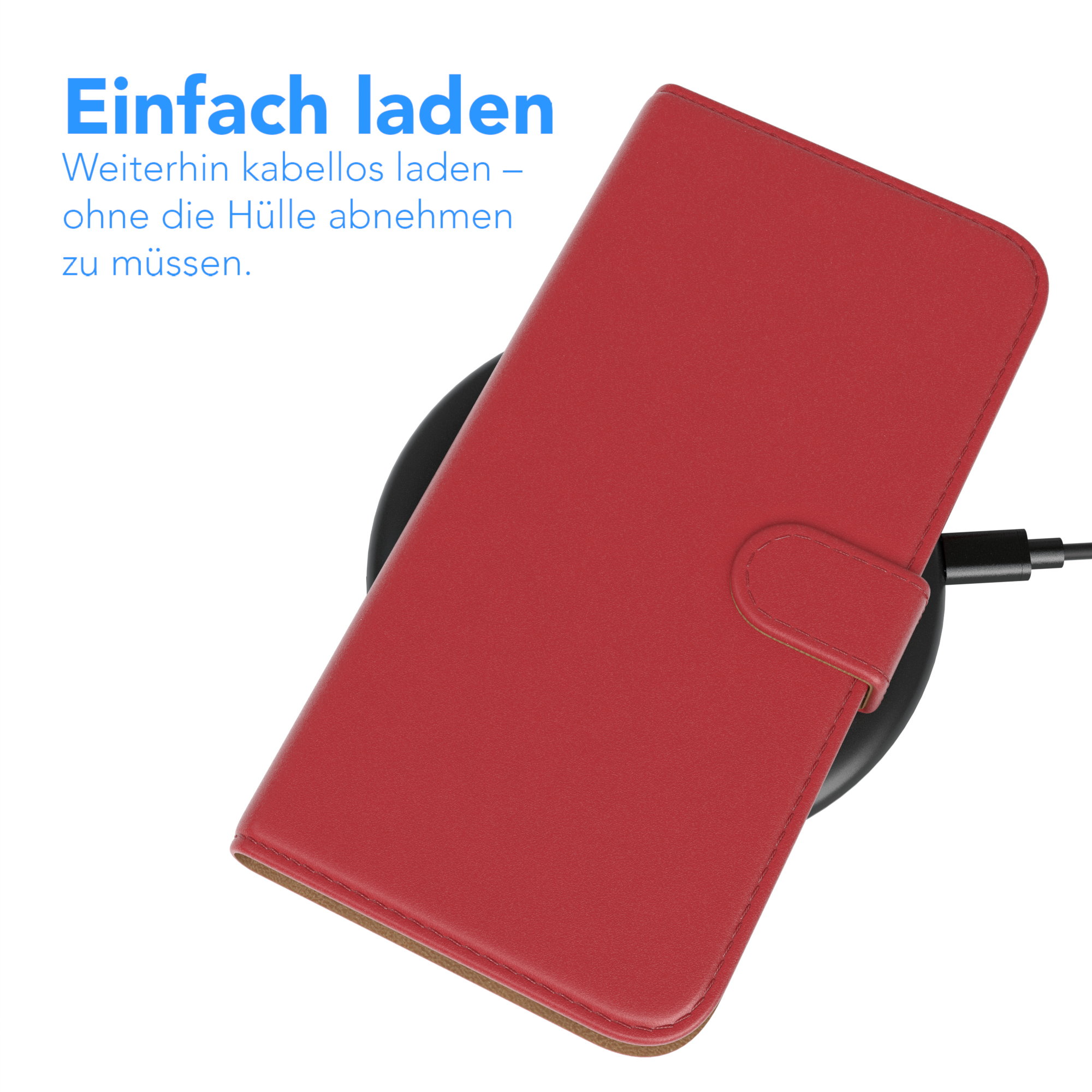 Rote Handyhülle auf schwarzem kabellosem Ladegerät. Die Hülle ist geschlossen.