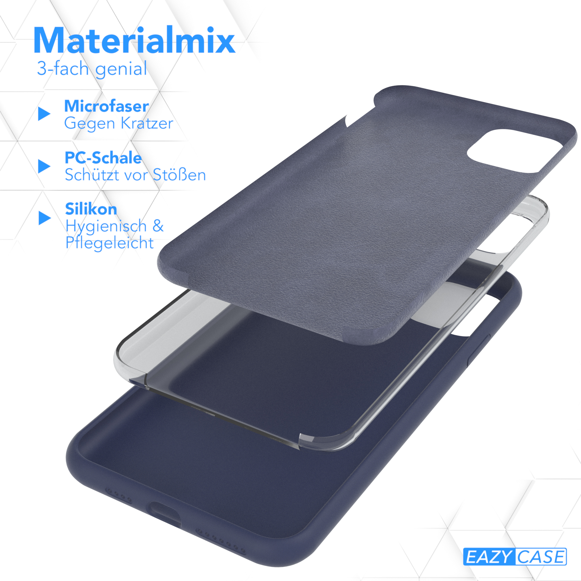 Drei Schichten einer blauen Handyhülle. Mikrofaser, PC-Schale und Silikon. Weißer Hintergrund.