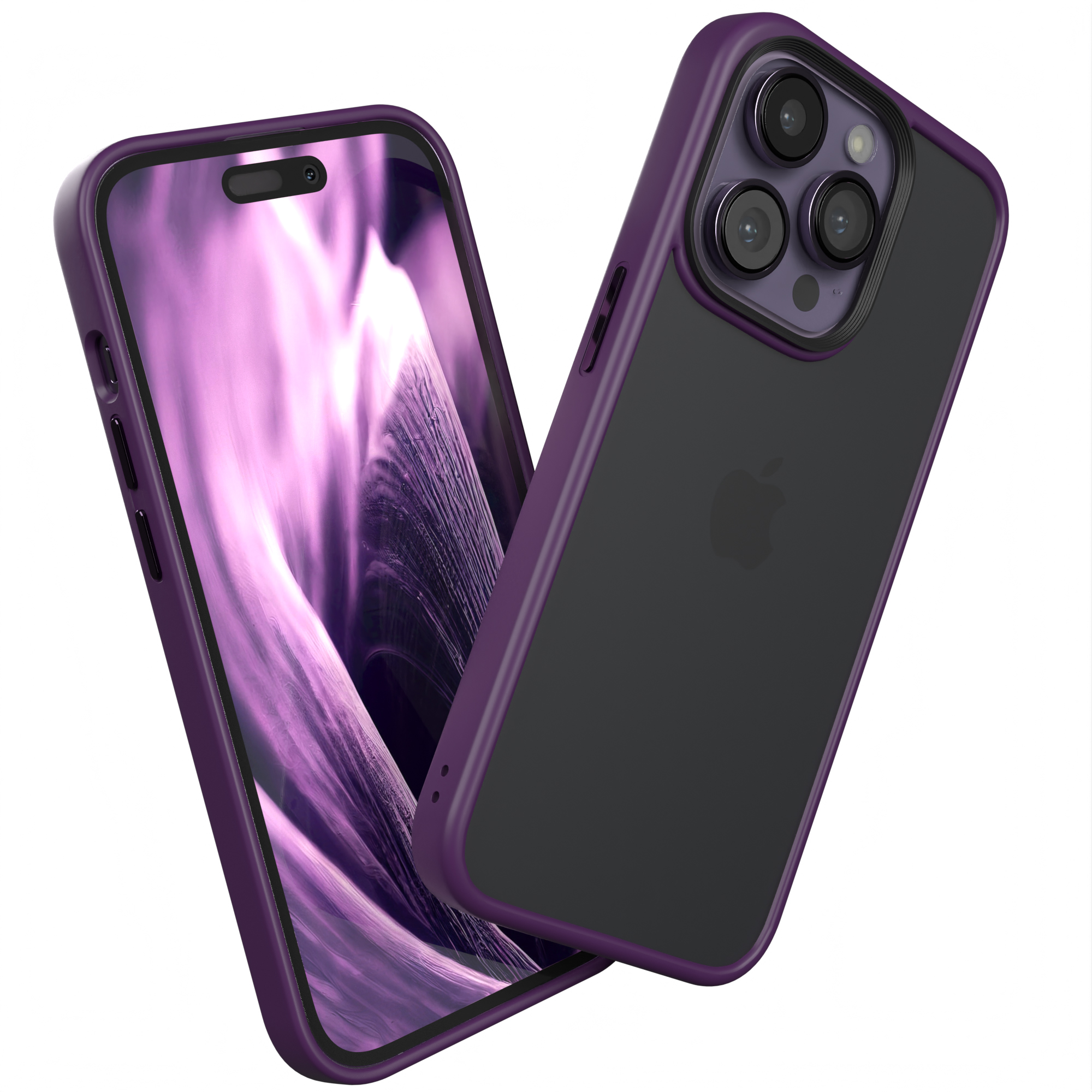 Lila Handyhülle mit schwarzem iPhone. Das Telefon hat eine lila Kameraumrandung.