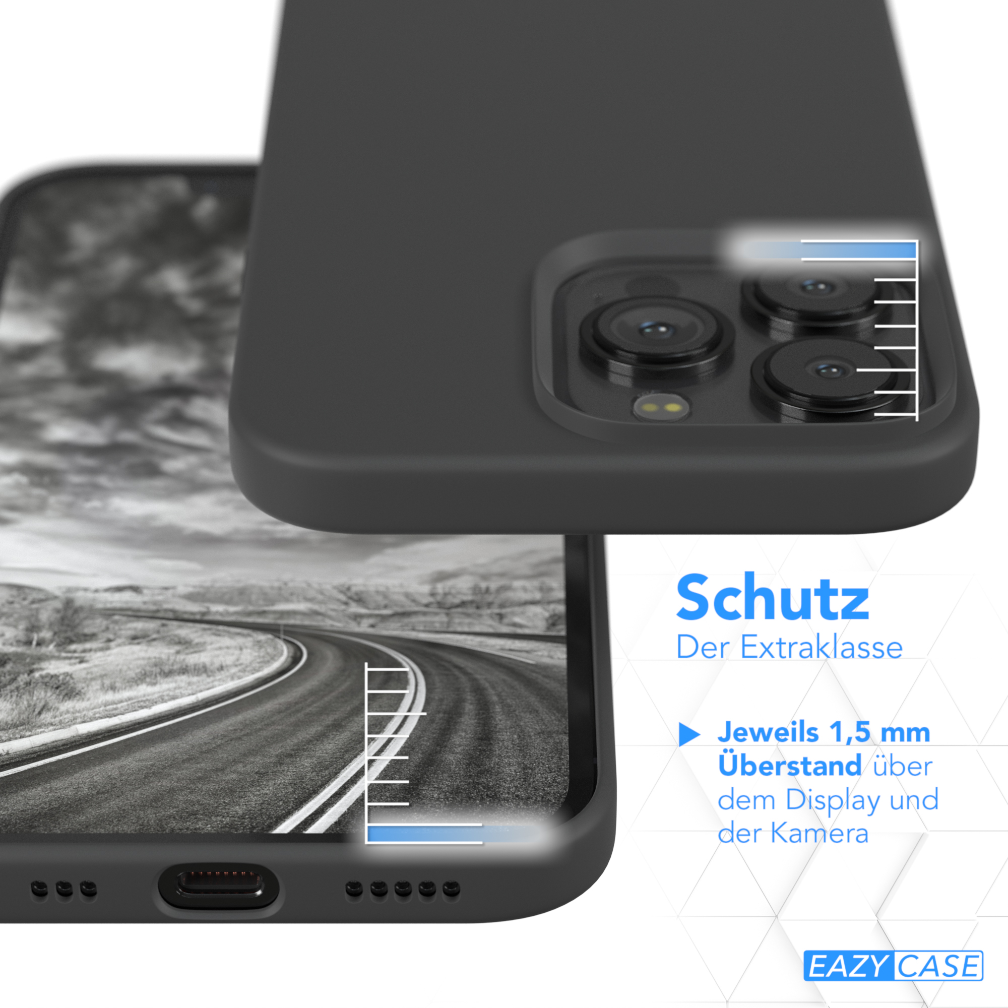 Schwarze Handyhülle, Schutzdetails. 1,5 mm Abdeckung über Display und Kamera.