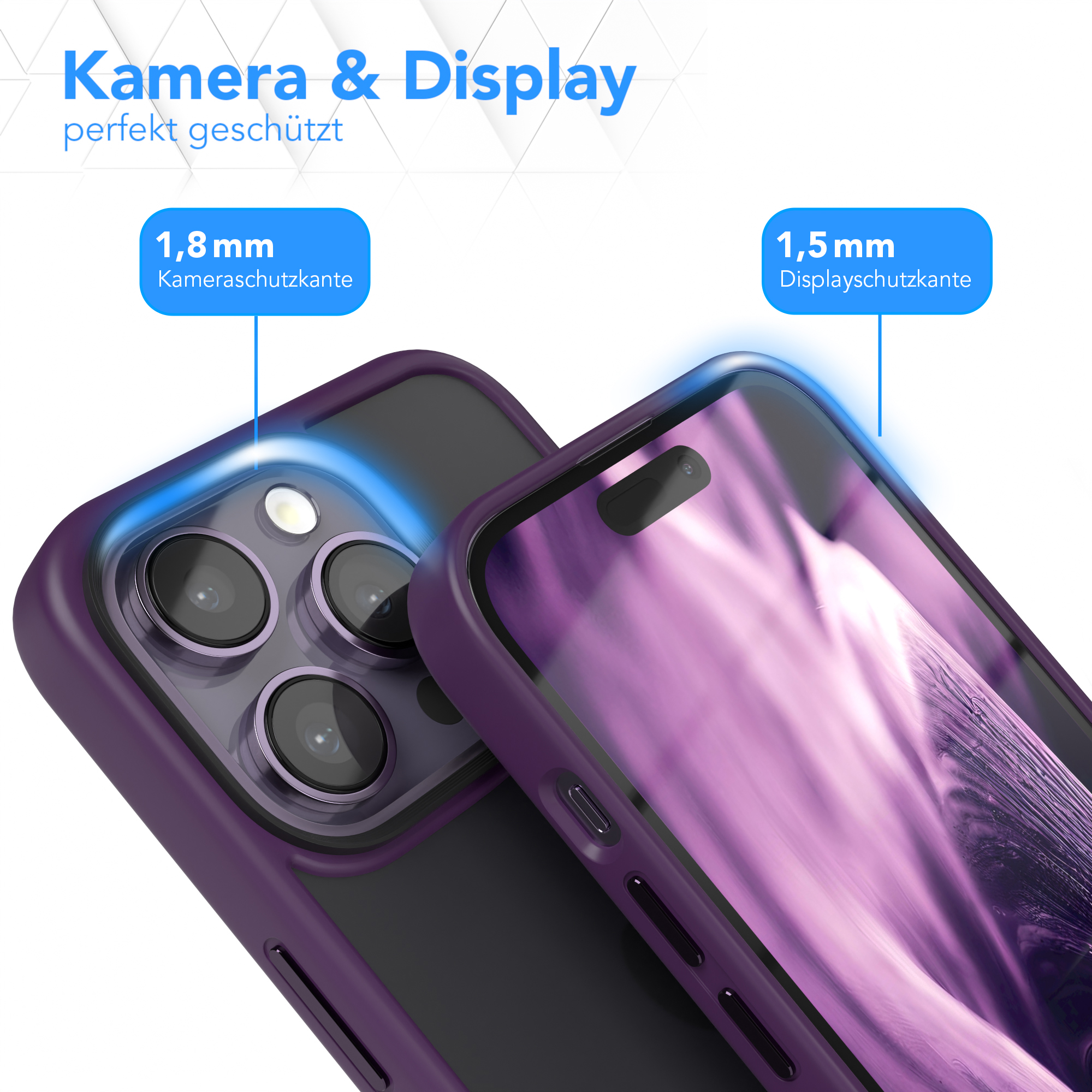 Die Handyhülle ist offen. Das Telefon befindet sich im Inneren des Gehäuses. Text sagt Kamera & Display, perfekt geschützt.