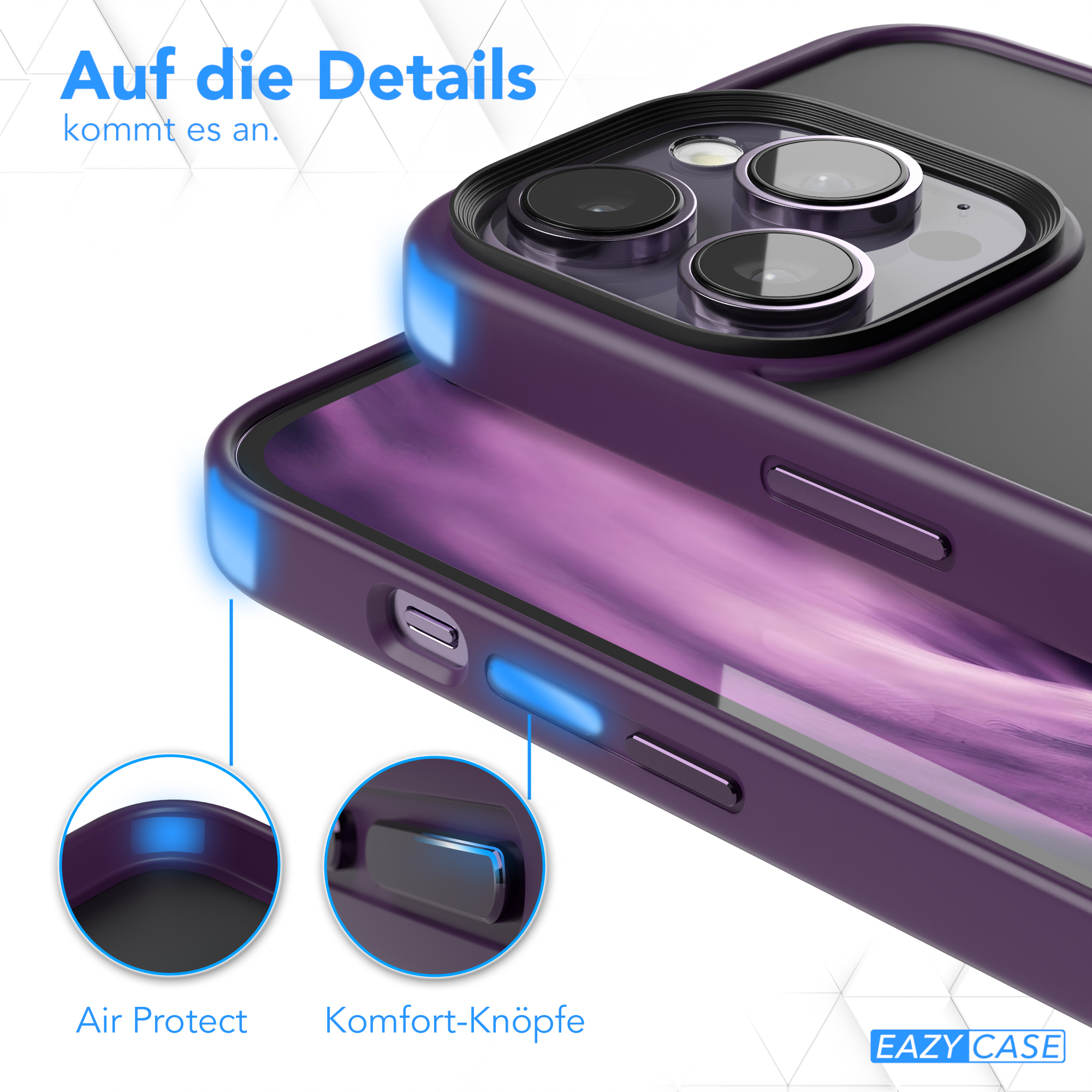 Lila Handyhülle mit hervorgehobenen Knöpfen. Die Hülle schützt die Knöpfe des Telefons.