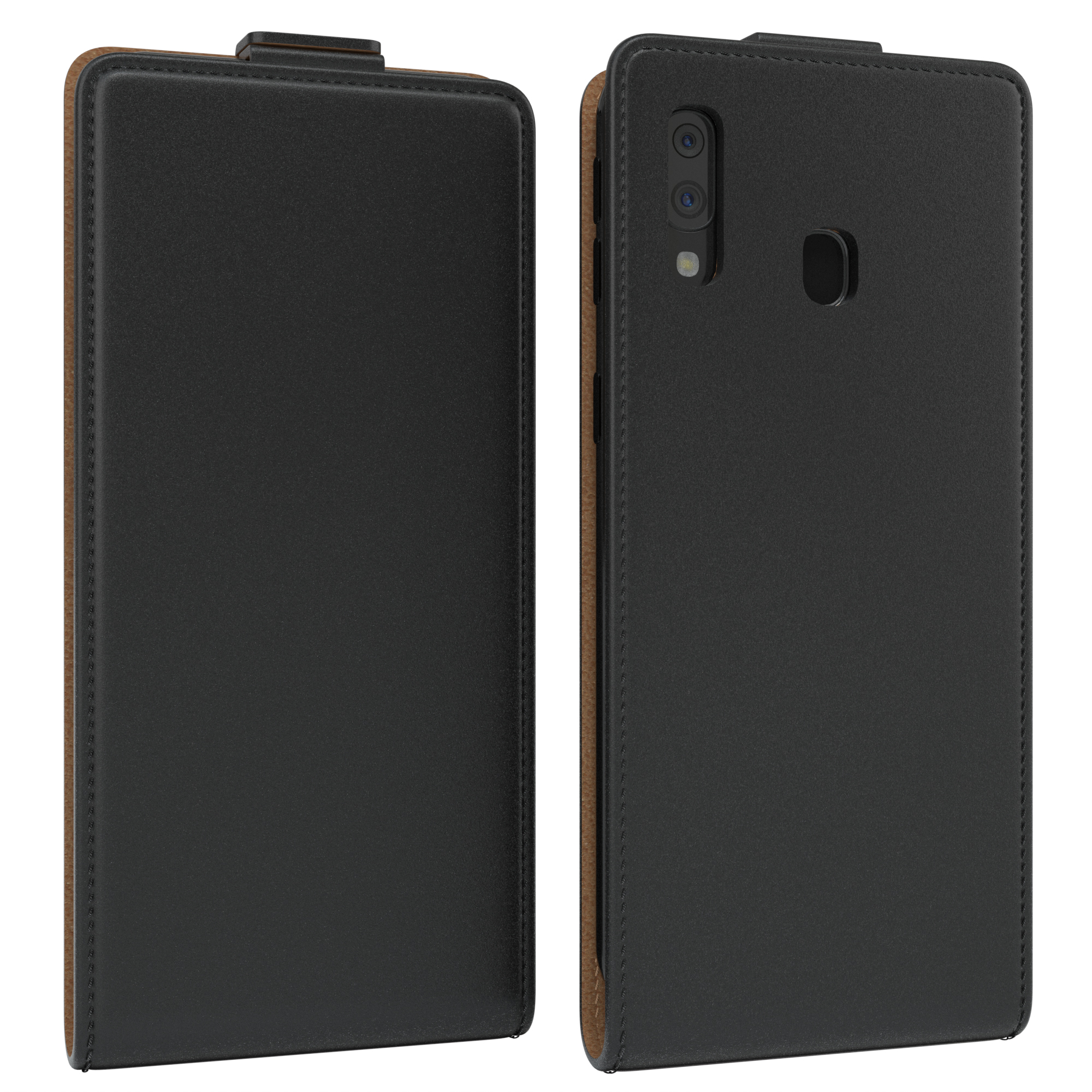 Schwarze Handyhülle, Vorder- und Rückansicht, mit braunem Cover.