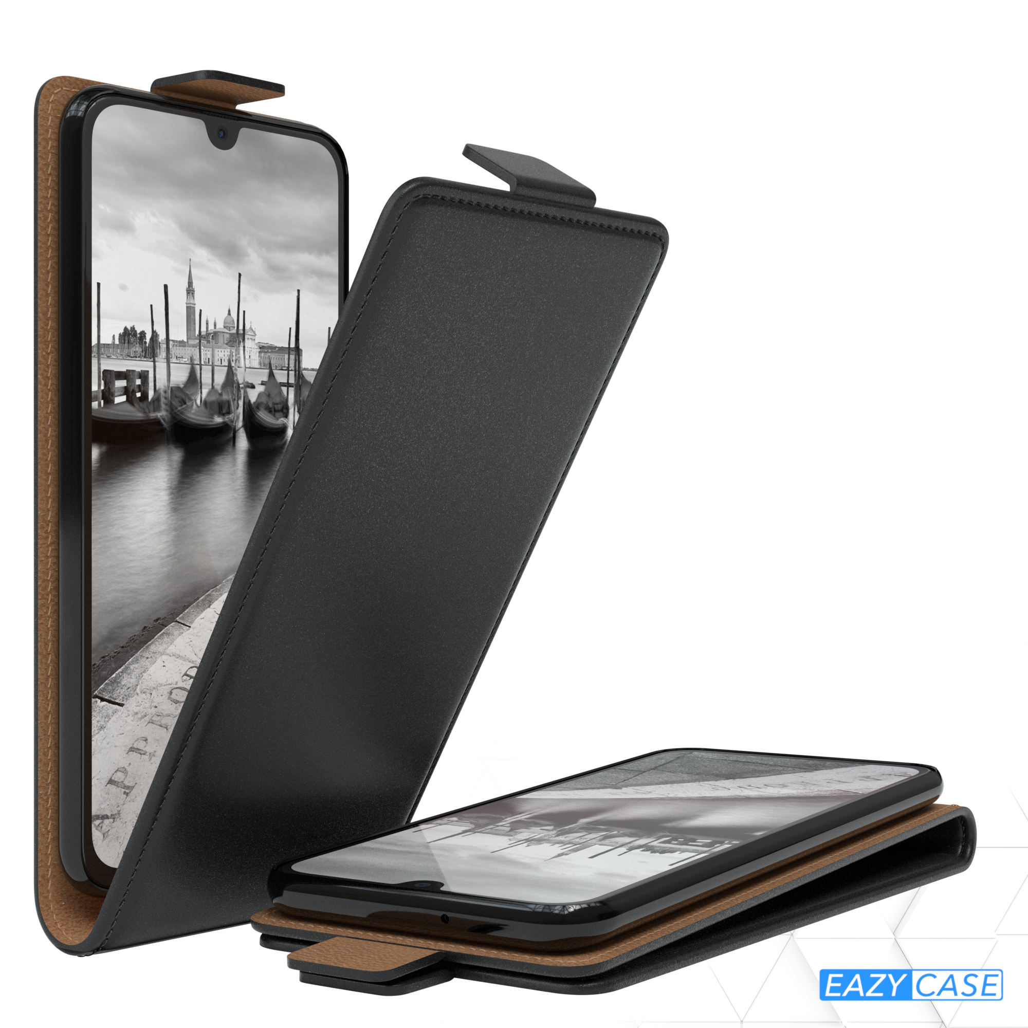 Schwarze Handyhülle mit Venedig-Bild. Das Telefon befindet sich in der Hülle in zwei Ansichten.