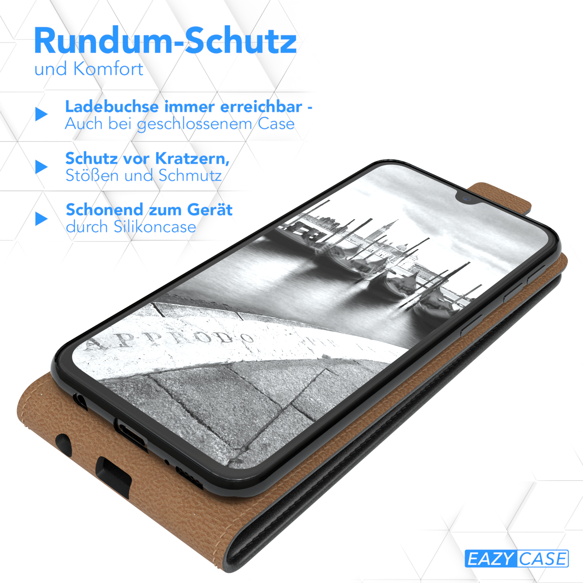 Geöffnete Handyhülle mit Telefon. Das Telefon zeigt eine Landschaft.