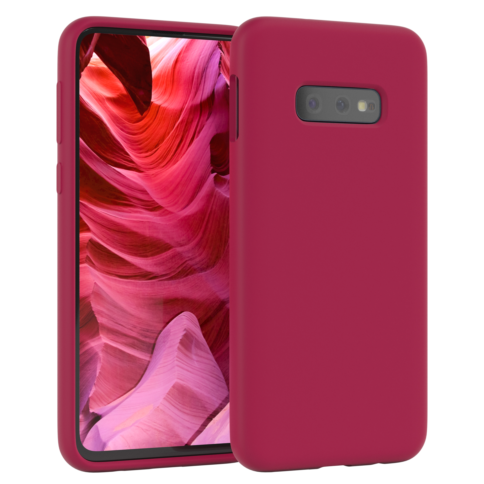 Rote Handyhülle mit rotem Hintergrund. Telefon in der Hülle.