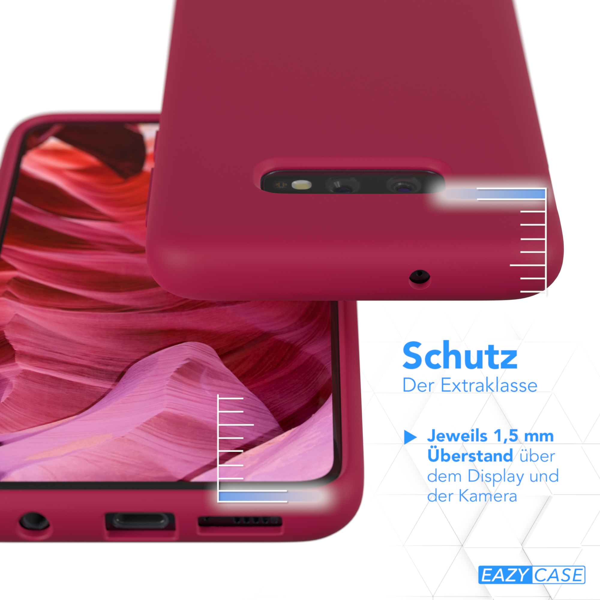 Eine rote Handyhülle mit einem Telefon darin. Das Bild zeigt den Schutzgrad der Hülle über dem Bildschirm.