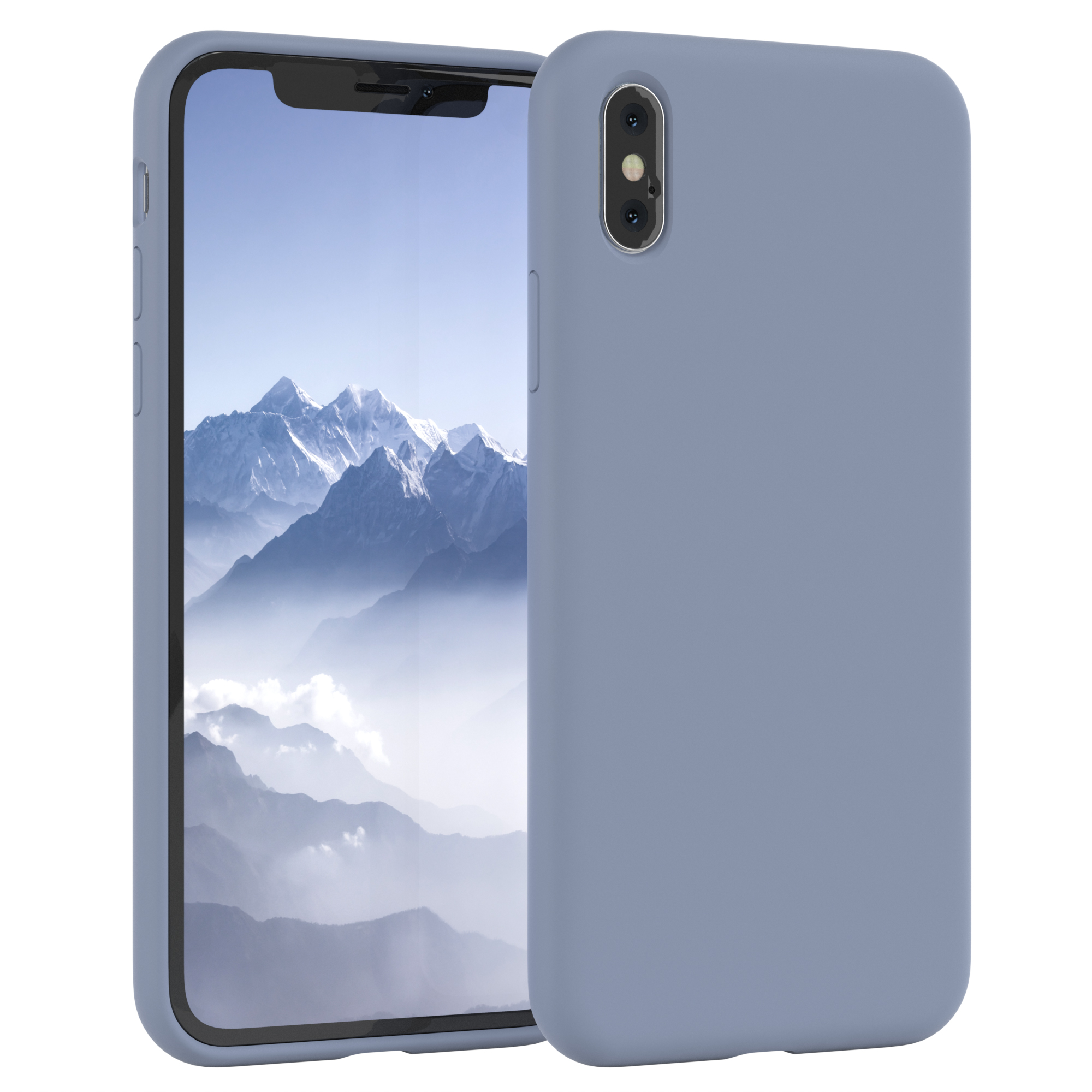 Blaues Telefon mit Hülle, zeigt eine Himmelszene. Die Hülle ist blau.