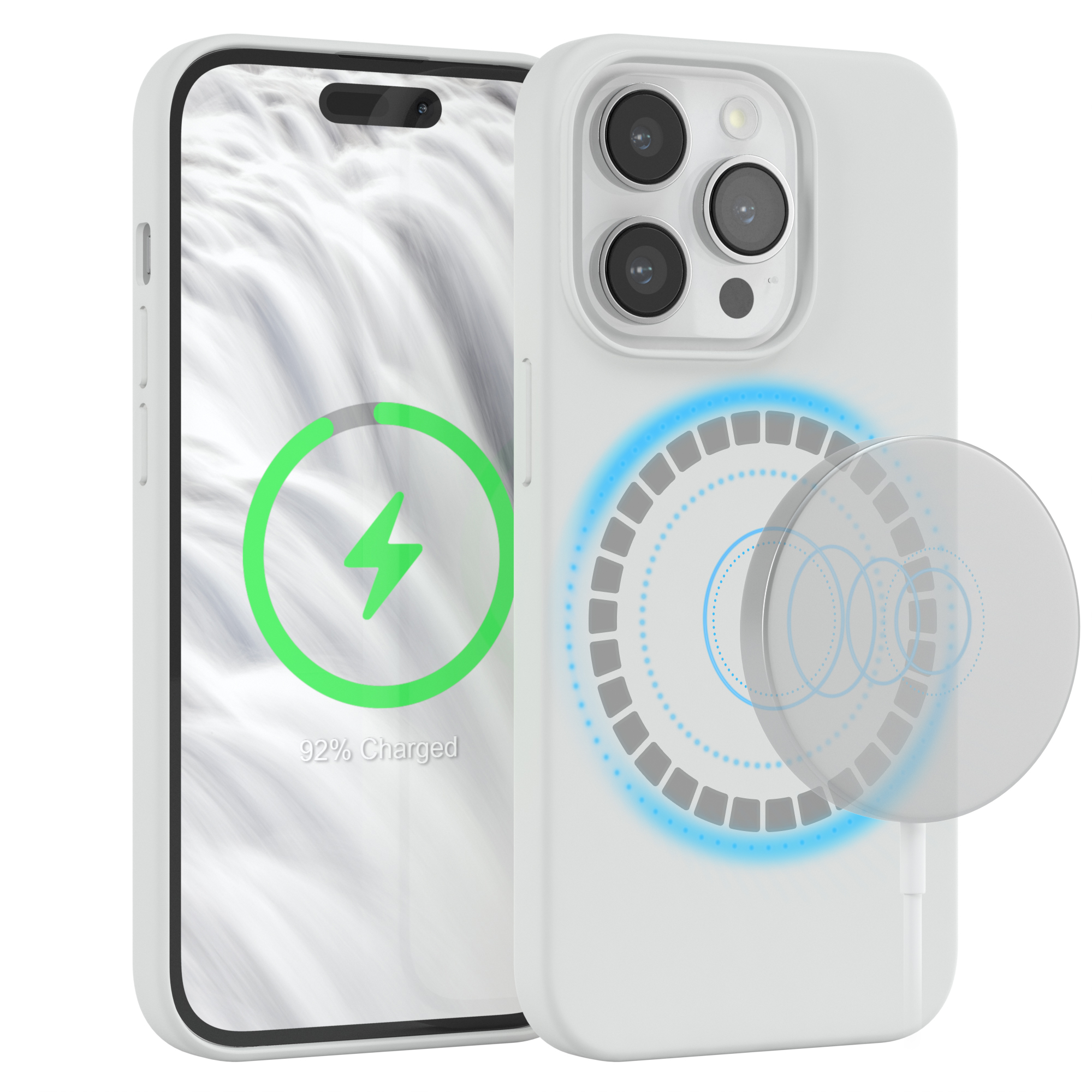 Weiße Handyhülle mit einem Telefon, das ein Ladesymbol zeigt.