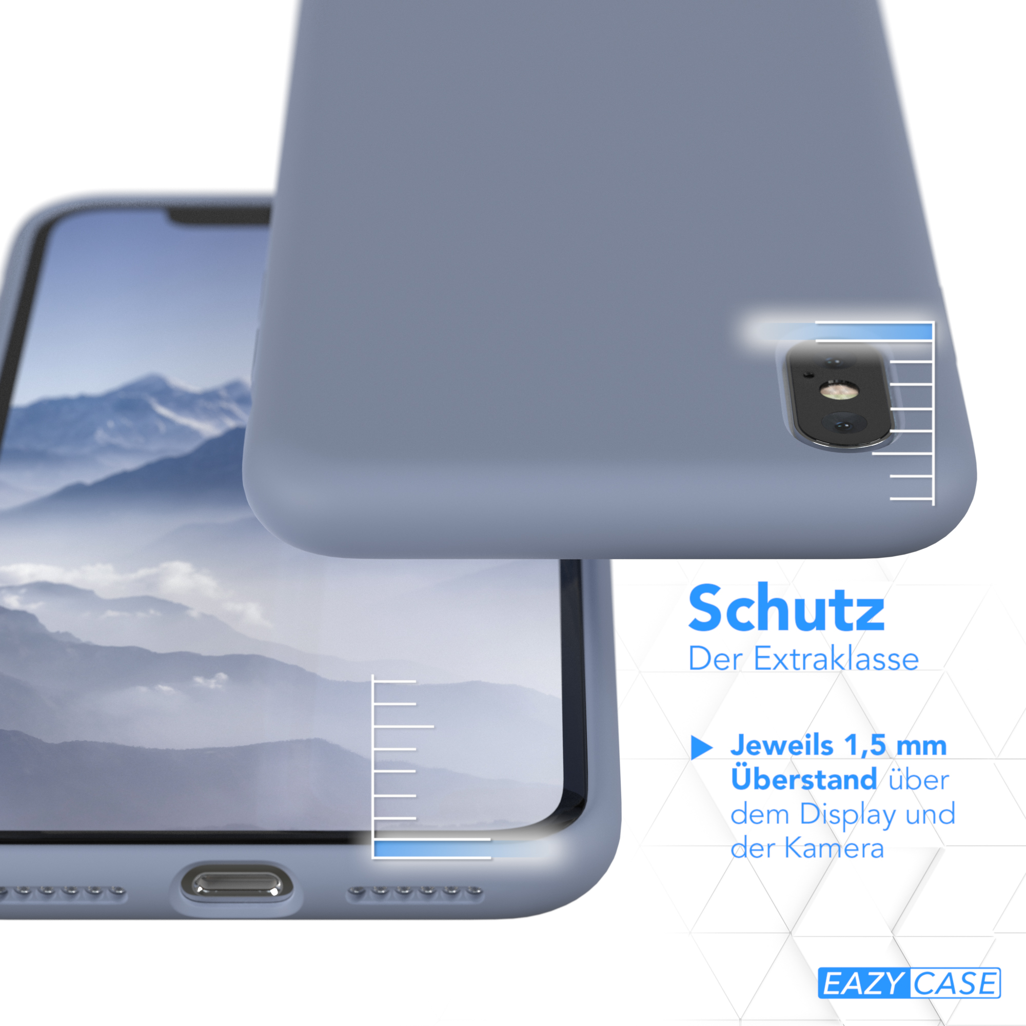 Handyhülle über einem Telefon. Zeigt Schutzinfo.