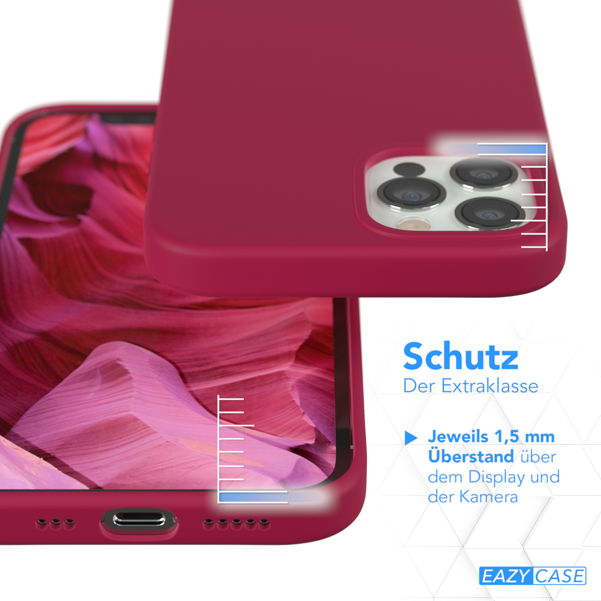Nahaufnahme einer Handyhülle, die ein Telefon schützt. Die Hülle ist rot, mit sichtbarem Telefonbildschirm.