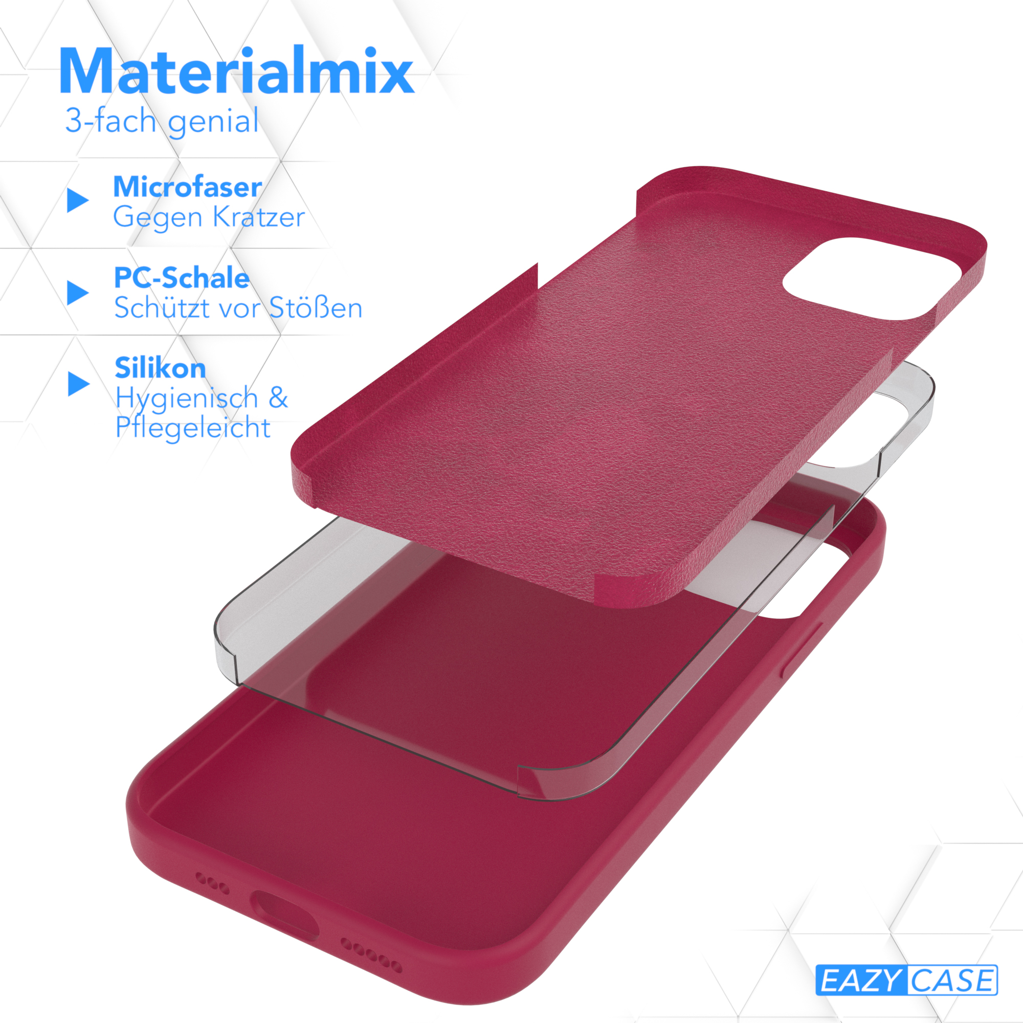 Handyhüllen-Komponenten: roter Deckel, klarer Mittelteil, roter Boden. Text: Materialmix, 3-fach genial.
