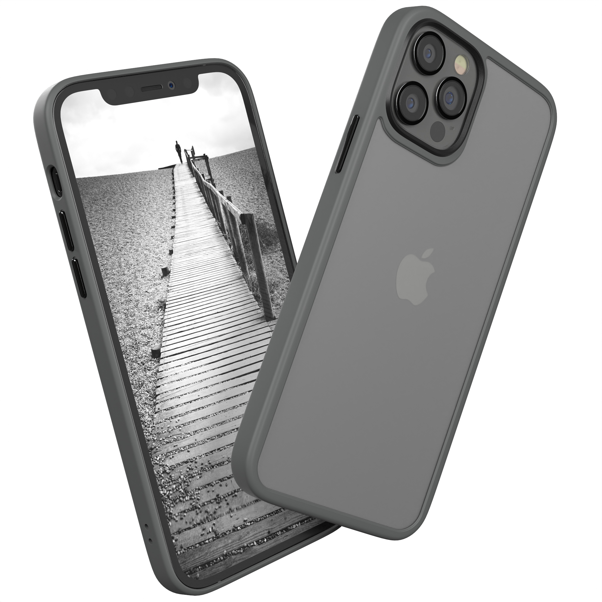 Graue Handyhülle und Telefon. Das Telefon hat ein Schwarzweißfoto auf dem Bildschirm.