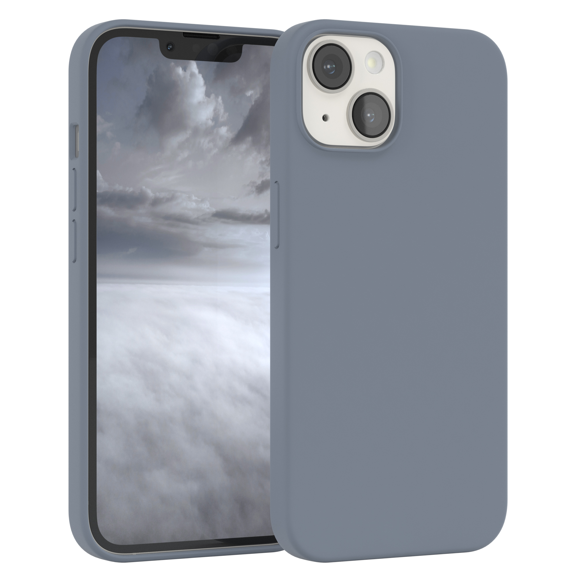 Eine graue Handyhülle mit grauem Hintergrund, die ein Telefon hält.