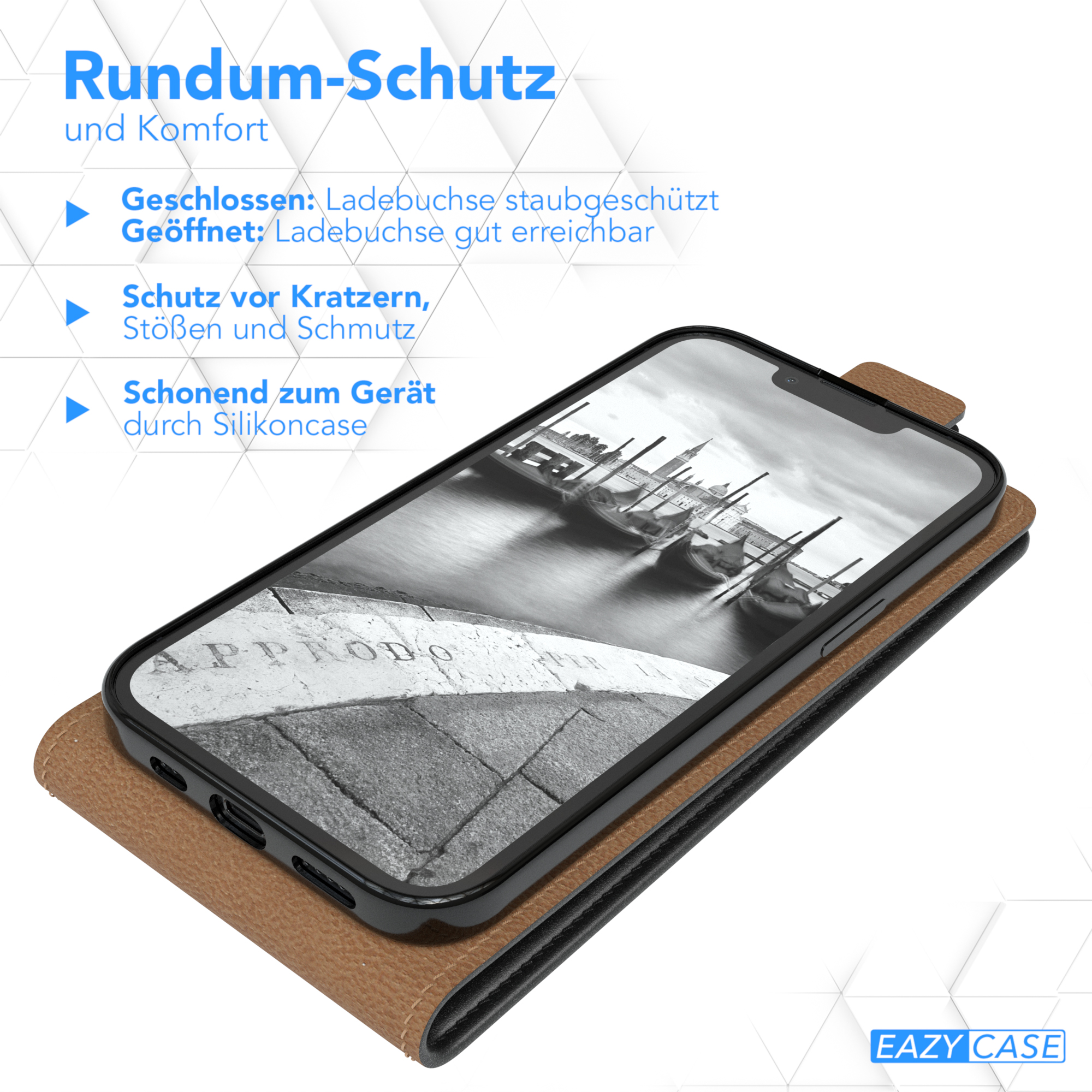 Ein Telefon in einer braunen Hülle, mit Text, der Schutzfunktionen hervorhebt.