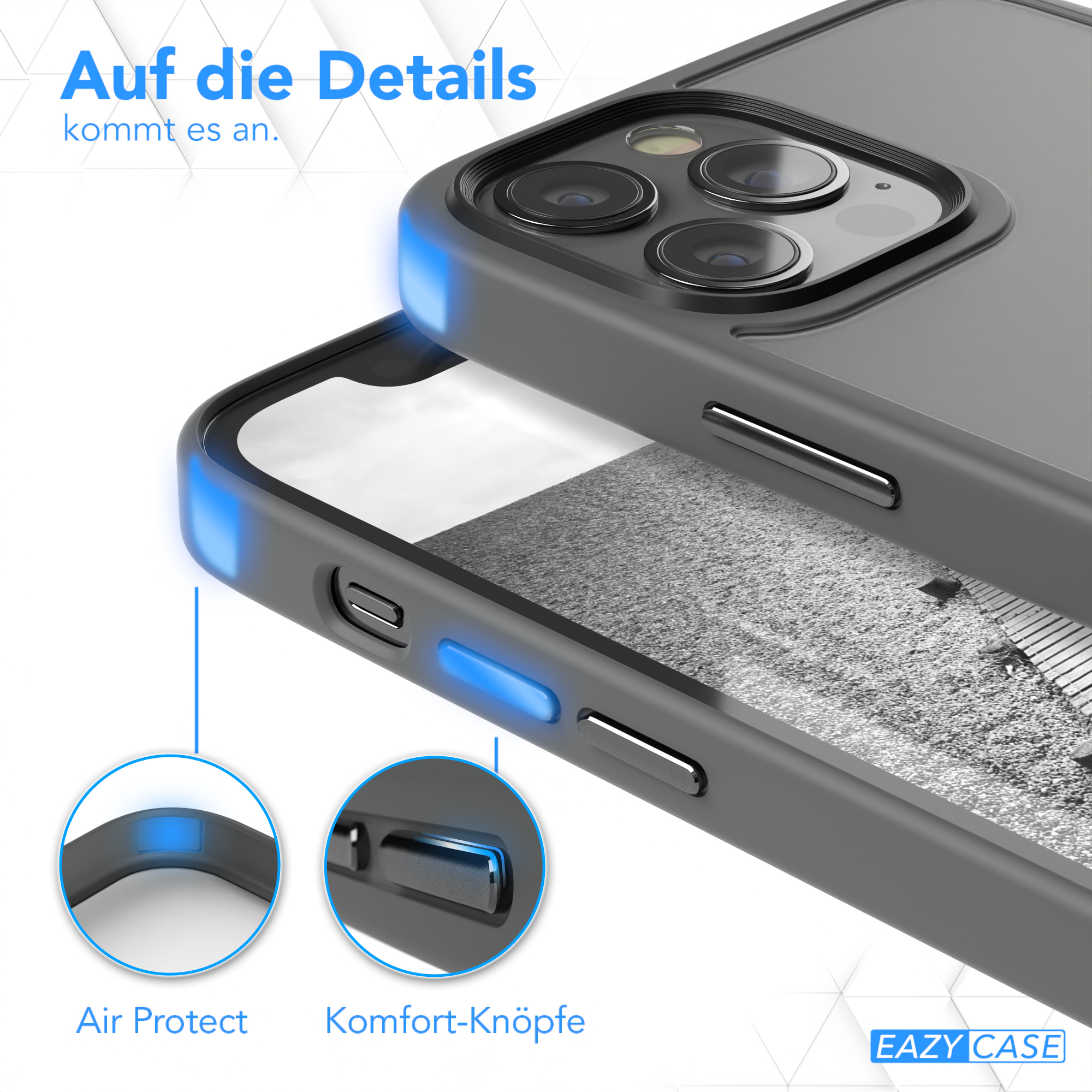 Nahaufnahme der Handyhülle mit blauen Akzenten, Hervorhebung von Air Protect und Komfort-Tasten.