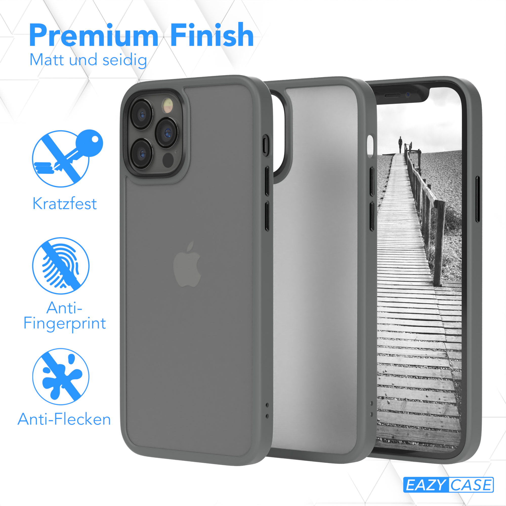 Drei graue Handyhüllen: eine auf dem Telefon, eine ist offen, und die andere zeigt ein Apple-Logo.