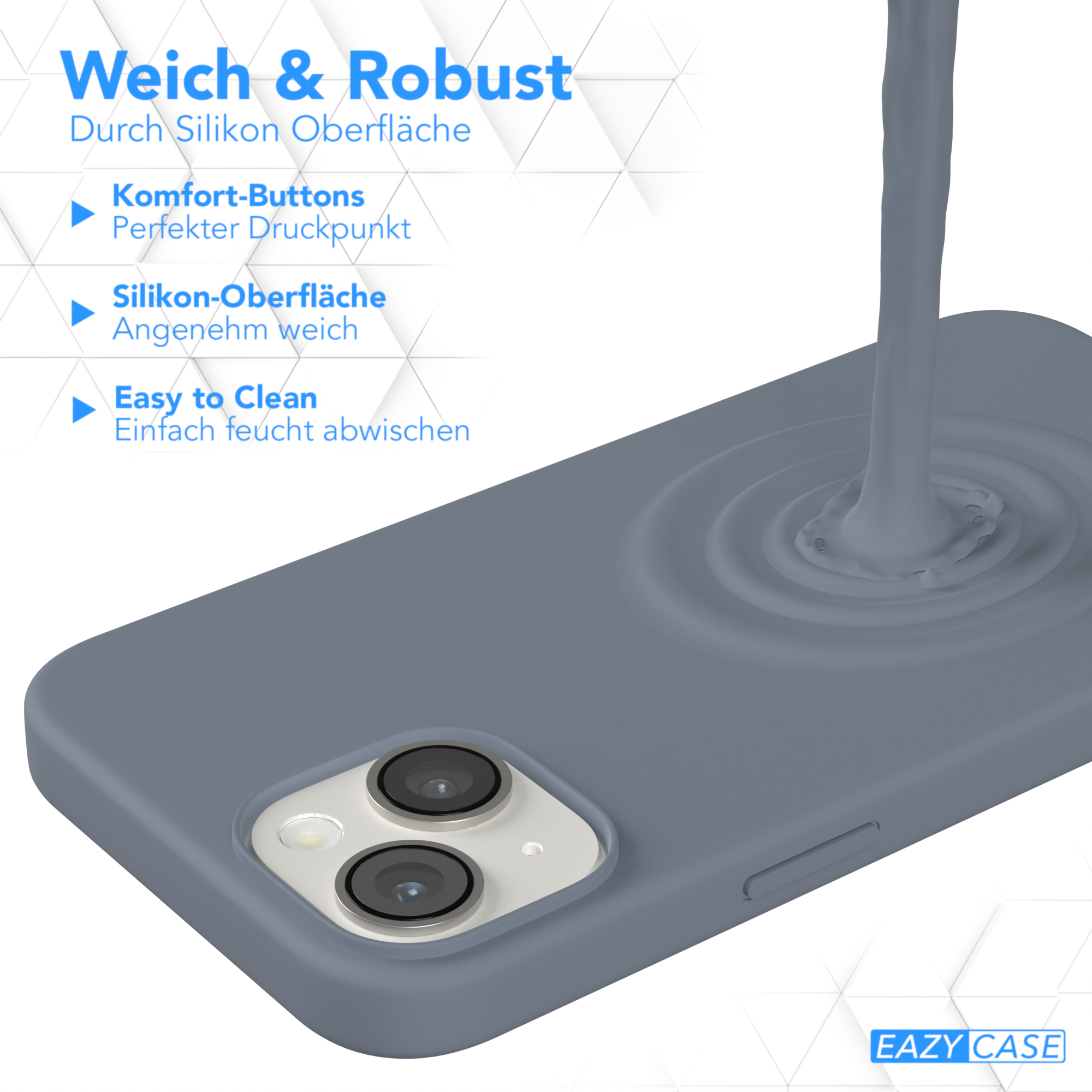 Graue Handyhülle mit lochförmigem Telefon. Graue Flüssigkeit wird darauf gegossen.