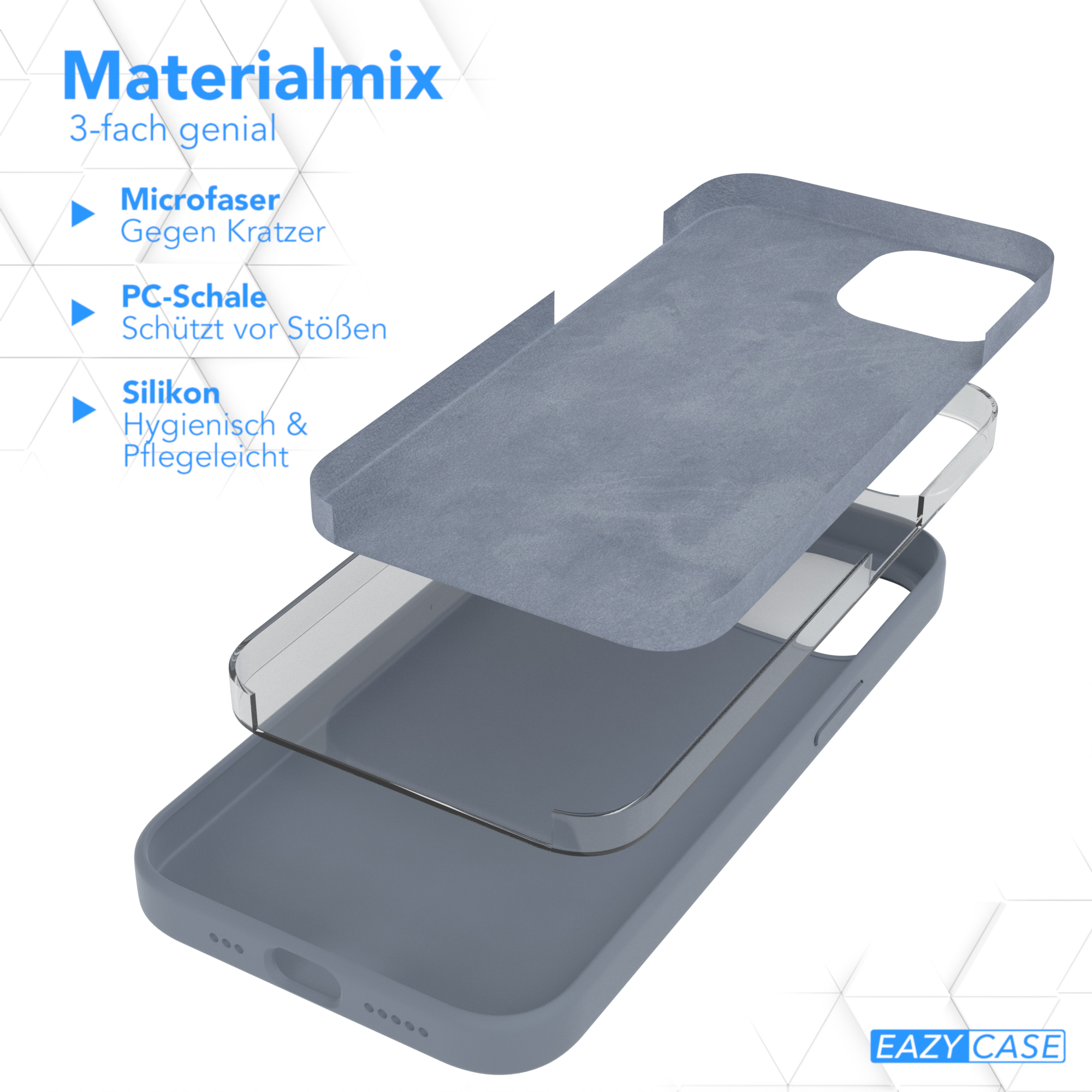 Handyhüllen-Schichten: Mikrofaser, PC-Schale und Silikon in Grau.