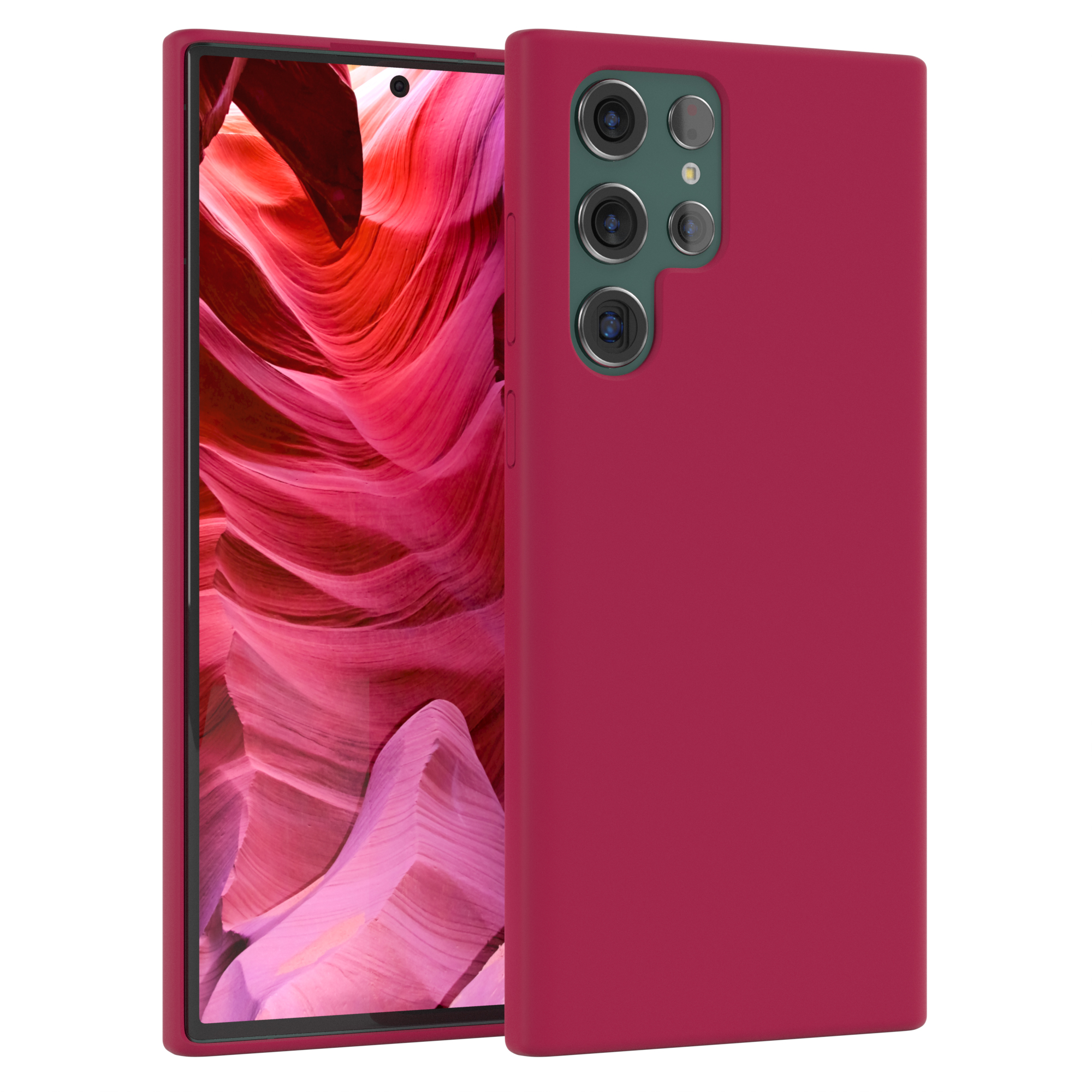 Weinrotes Telefon mit Hülle, zeigt eine orangefarbene Schluchtszene. Die Hülle ist weinrot.